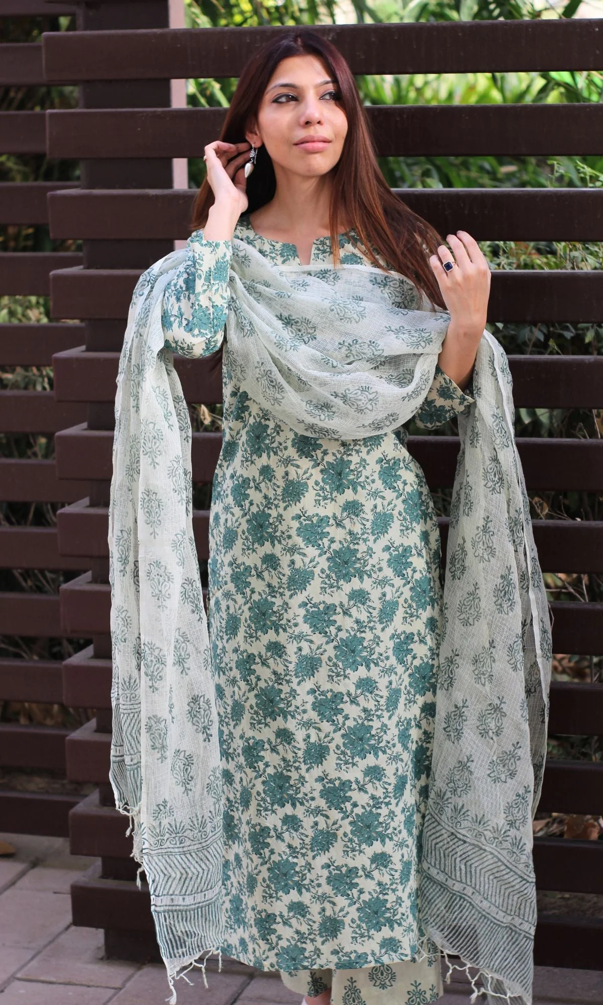 Cotton Beige & Green Block Print Suit Set with Kota Doria Dupatta - Image 3