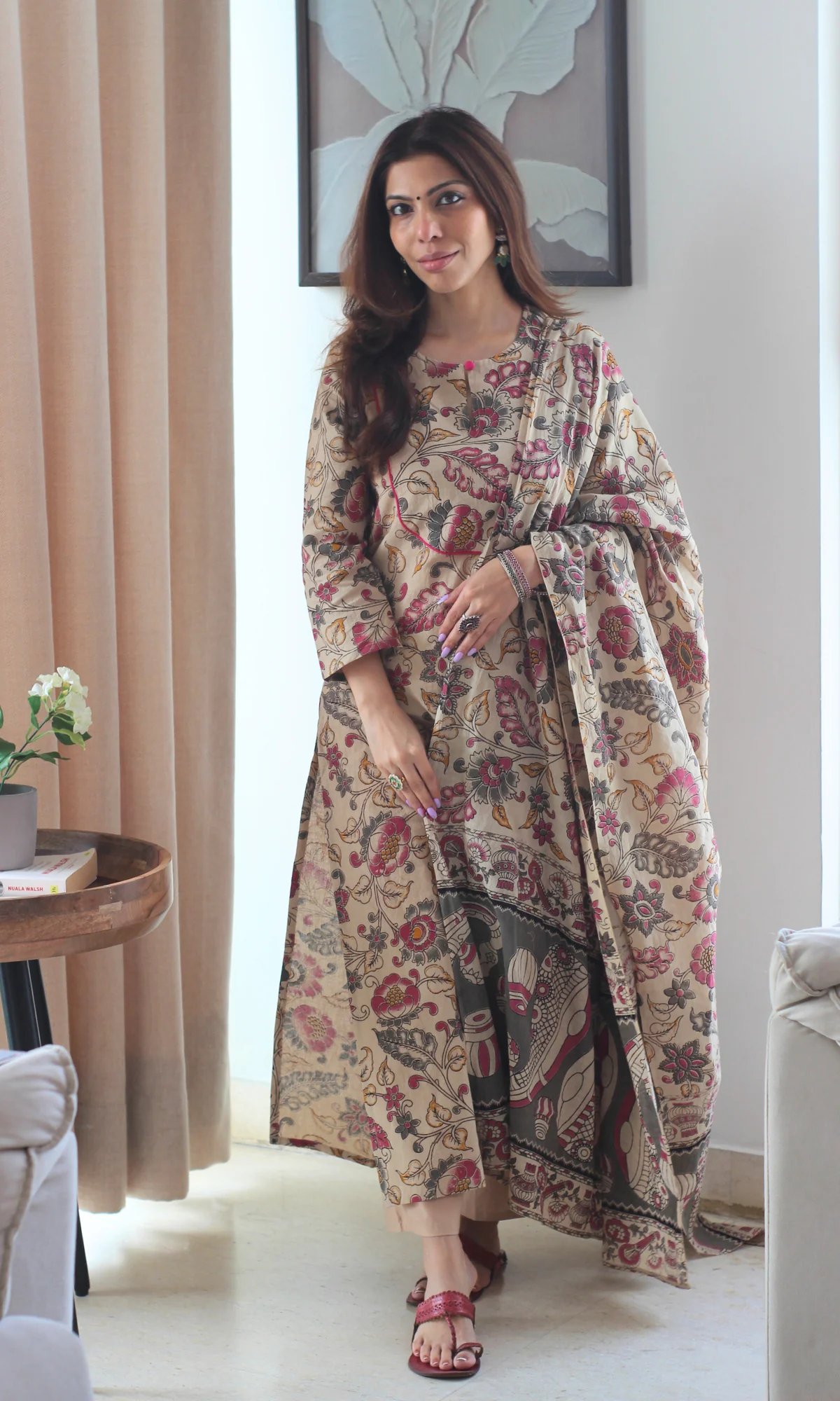 Cotton Beige & Pink Kalamkari Kurta, Cotton Pant & Cotton Kalamkari Dupatta - Image 3