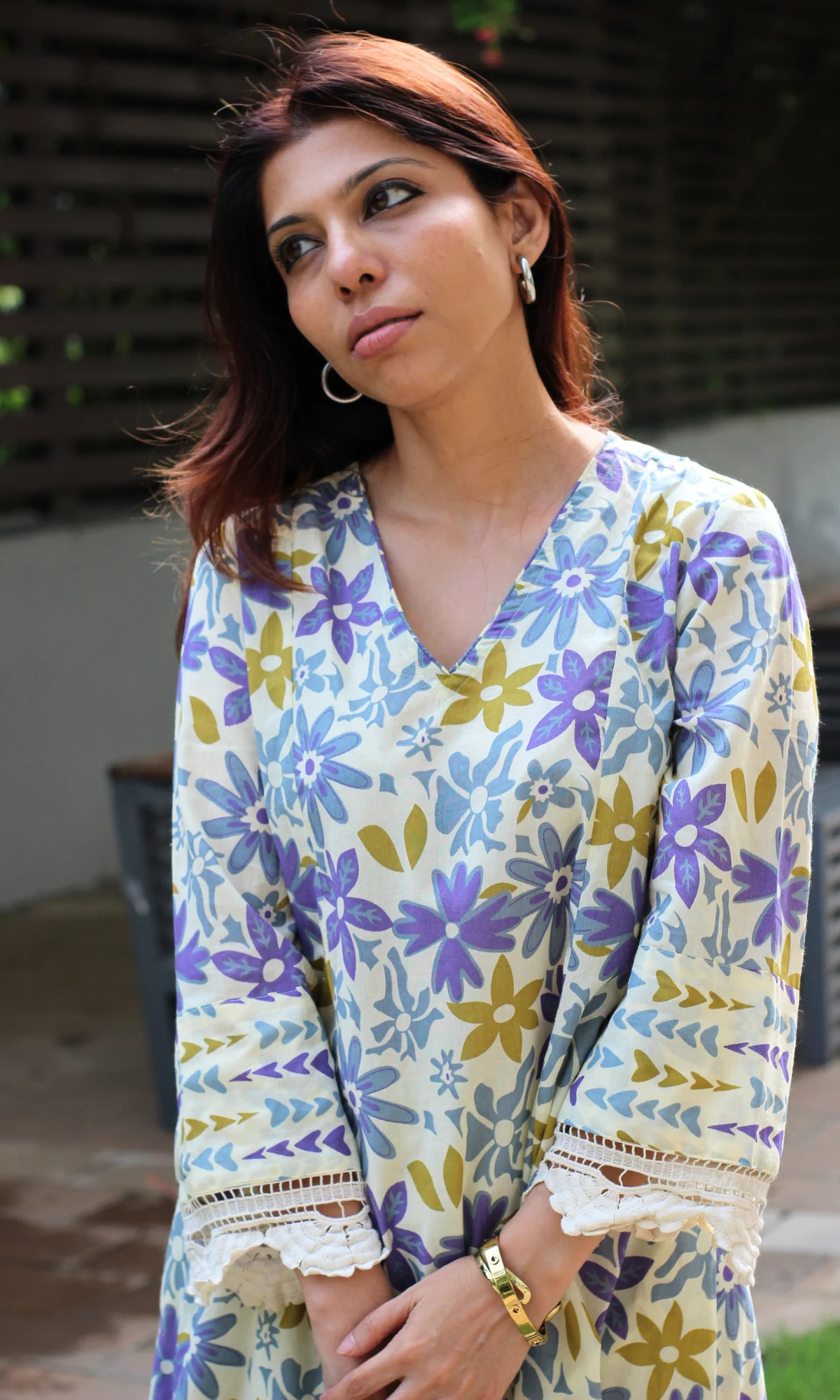 Cotton Beige & Purple Floral Haze Printed High low Kurta & Pant - Image 5
