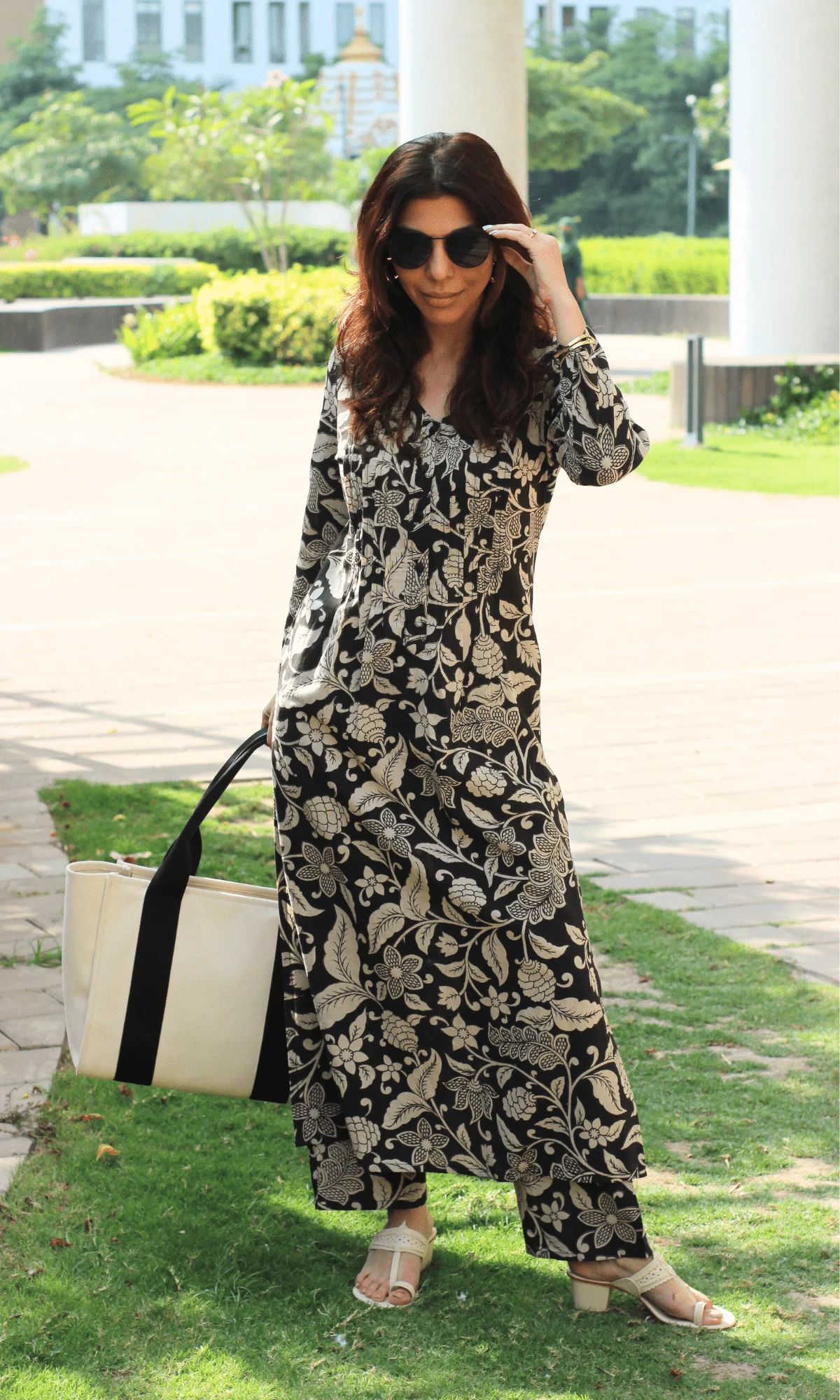 Cotton Black Kalamkari Pleated Buttoned Kurta & Pant
