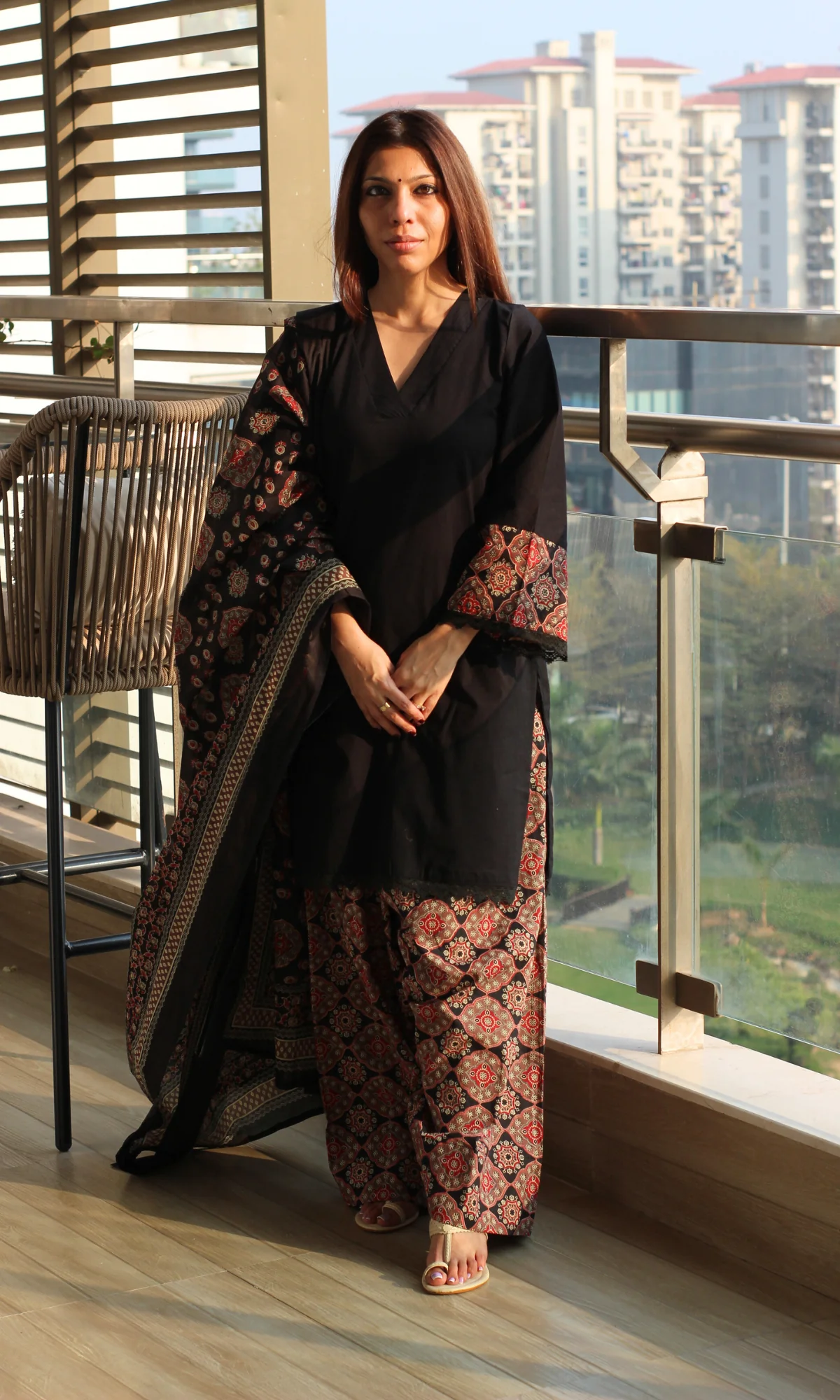 Cotton Black Kurta , Ajrakh Farshi Salwaar with Cotton Printed Dupatta - Image 3