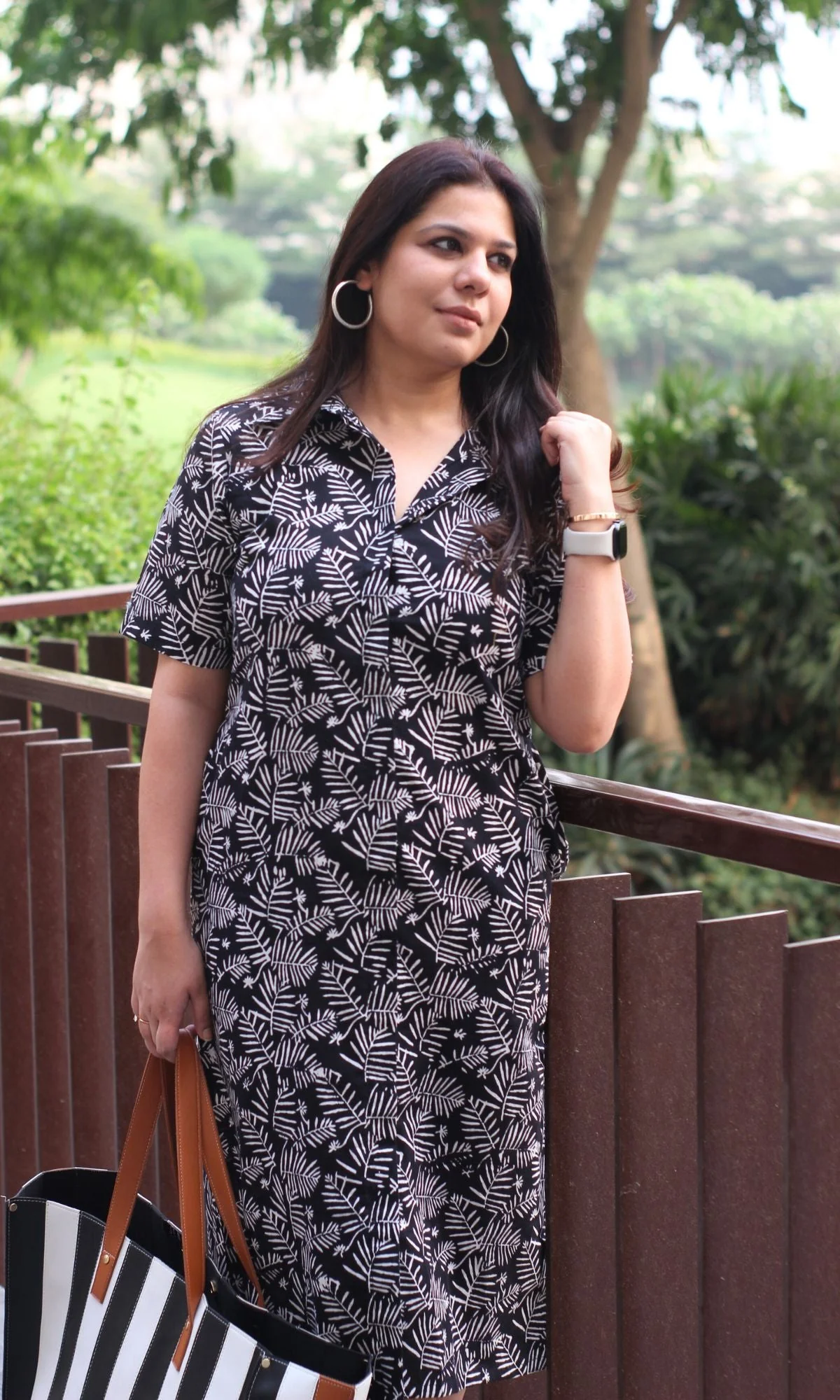 Cotton Black Leaf Print Shirt Dress - Image 3
