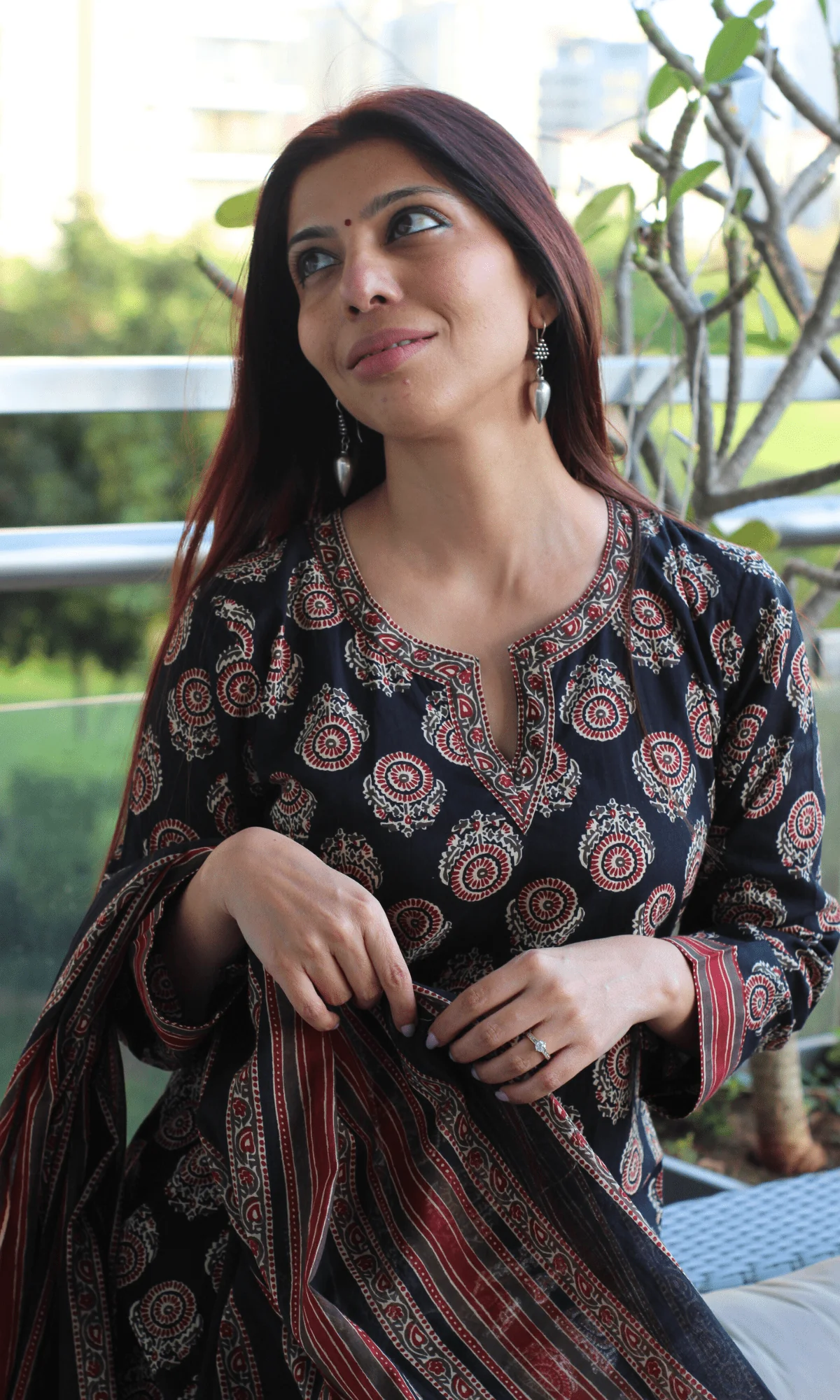 Cotton Black & Red Ajrakh Boota Print Suit with Cotton Printed Dupatta - Image 4