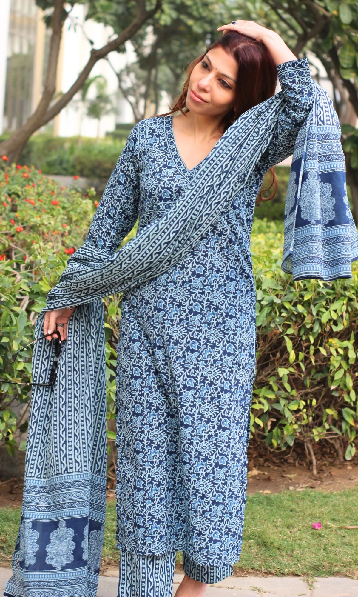 Cotton Block Print Blue Suit Set with Printed Cotton Dupatta - Image 3