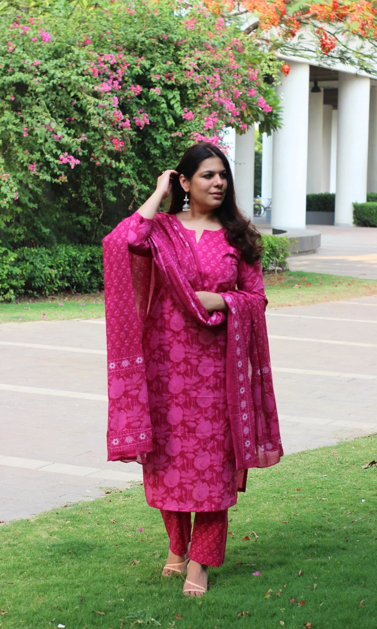 Cotton Block Print Bright Pink Suit Set with Printed Cotton Dupatta - Image 4