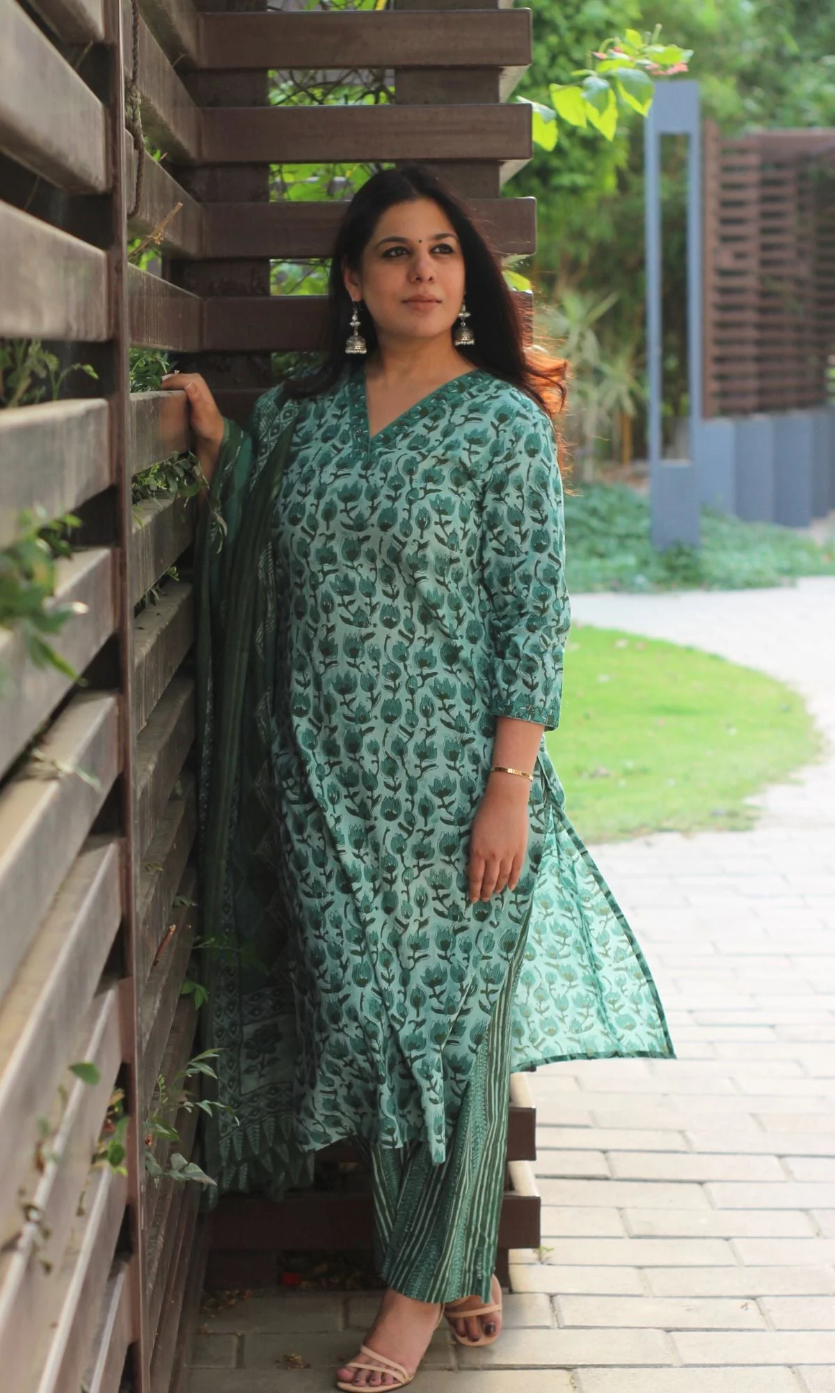 Cotton Block Print Earthy Green Suit Set with Printed Cotton Dupatta - Image 3
