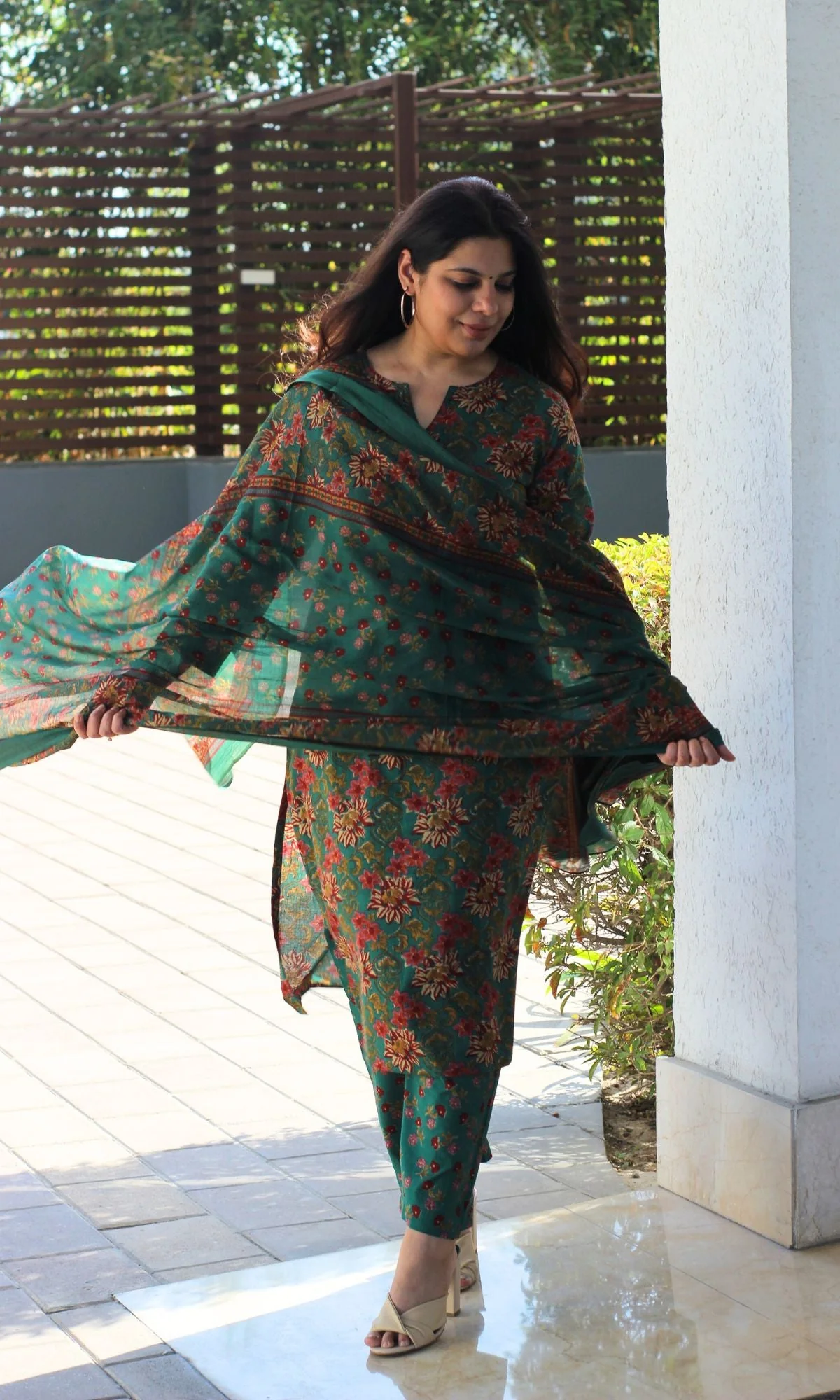 Cotton Block Print Dark Green Suit Set with Printed Cotton Dupatta - Image 3
