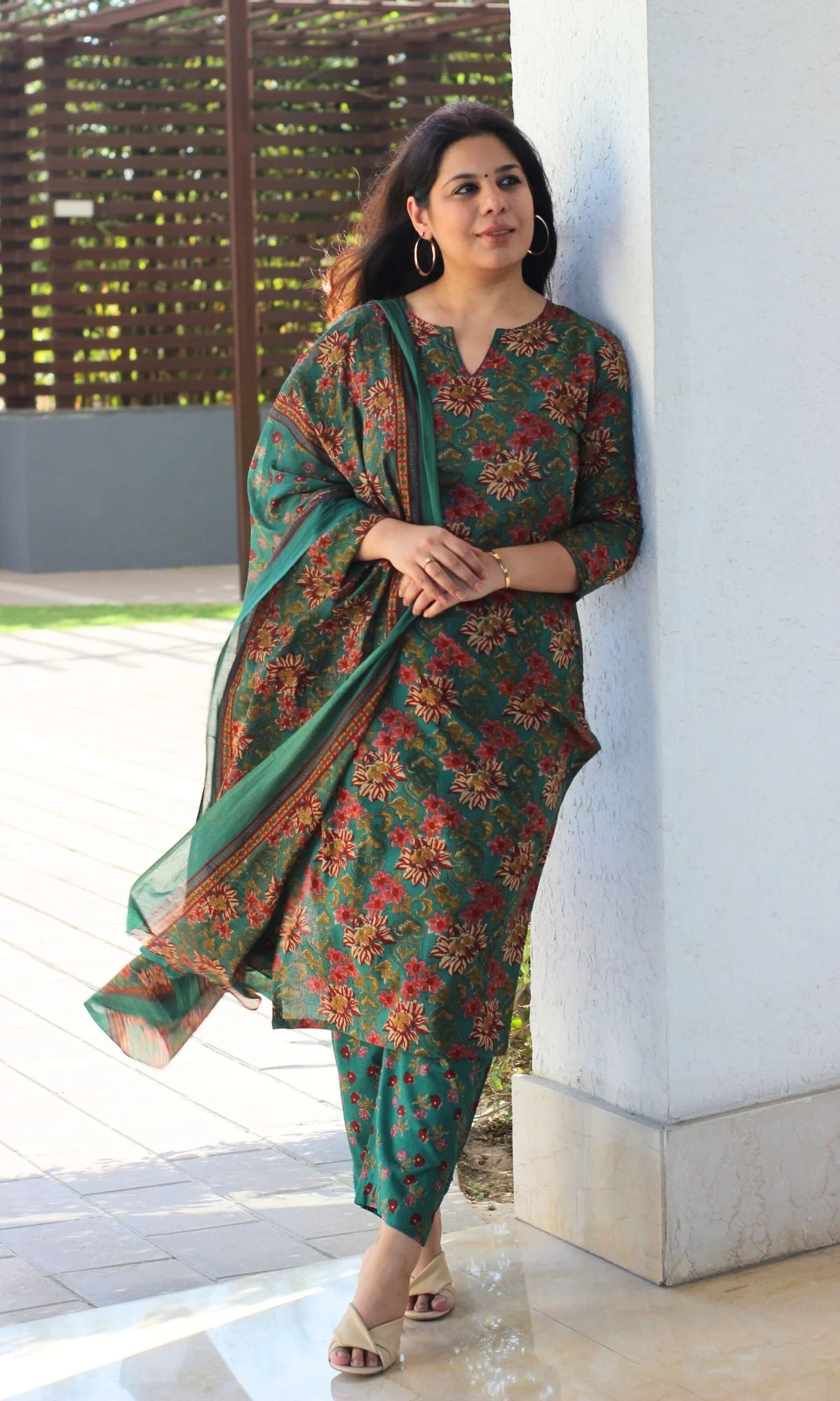 Cotton Block Print Dark Green Suit Set with Printed Cotton Dupatta - Image 6