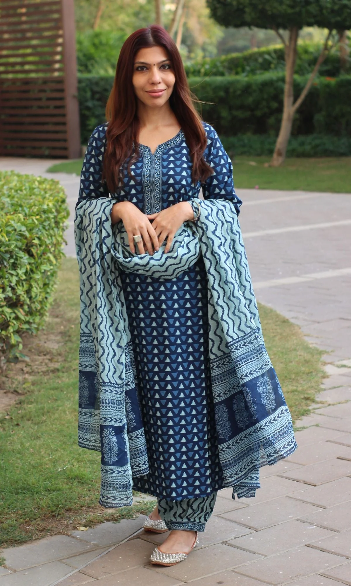 Cotton Block Print Indigo Suit Set with Cotton Dupatta - Image 3