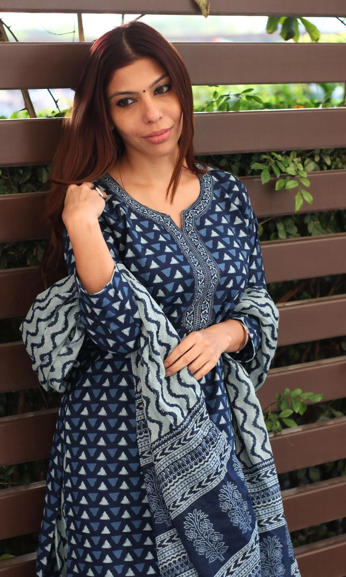 Cotton Block Print Indigo Suit Set with Cotton Dupatta - Image 4