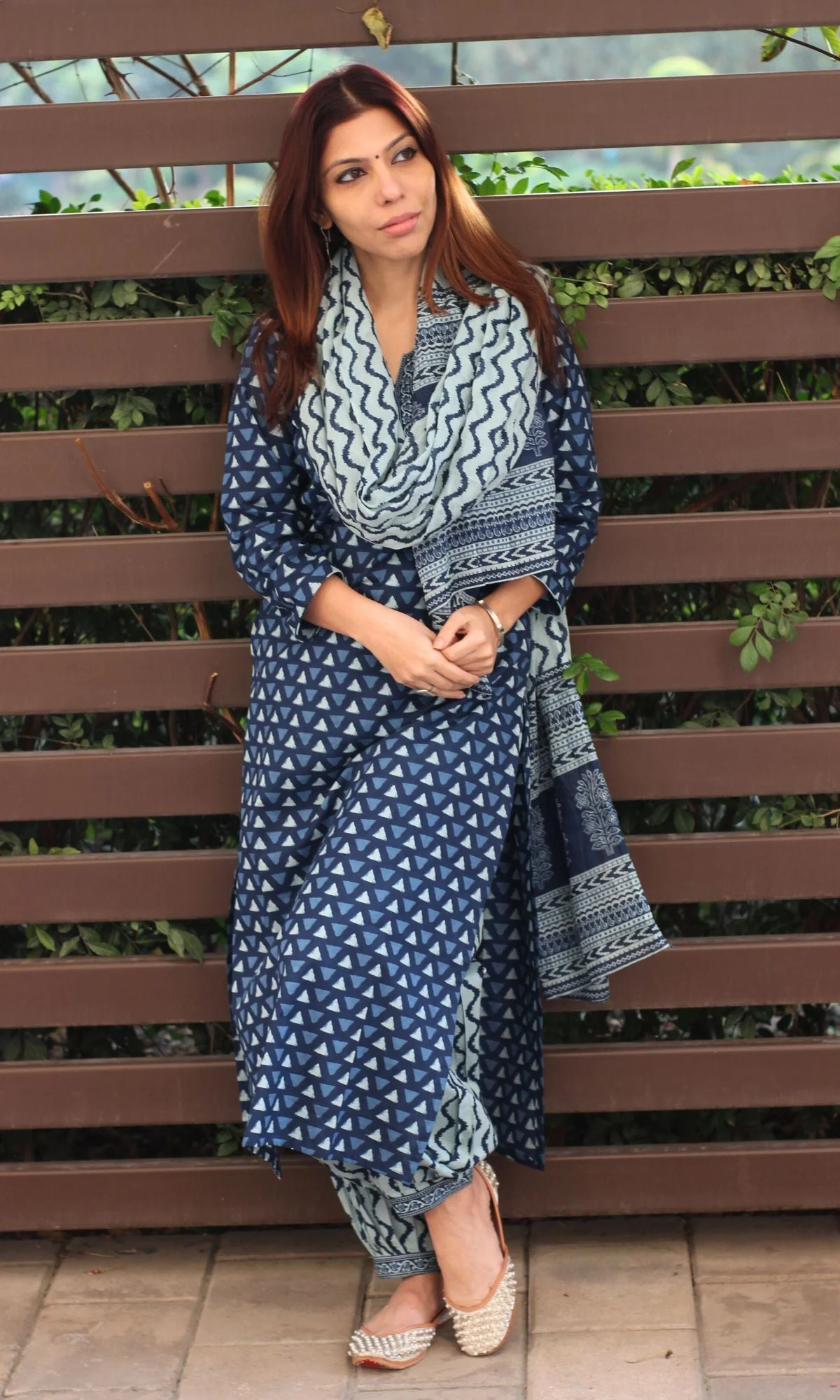 Cotton Block Print Indigo Suit Set with Cotton Dupatta - Image 5