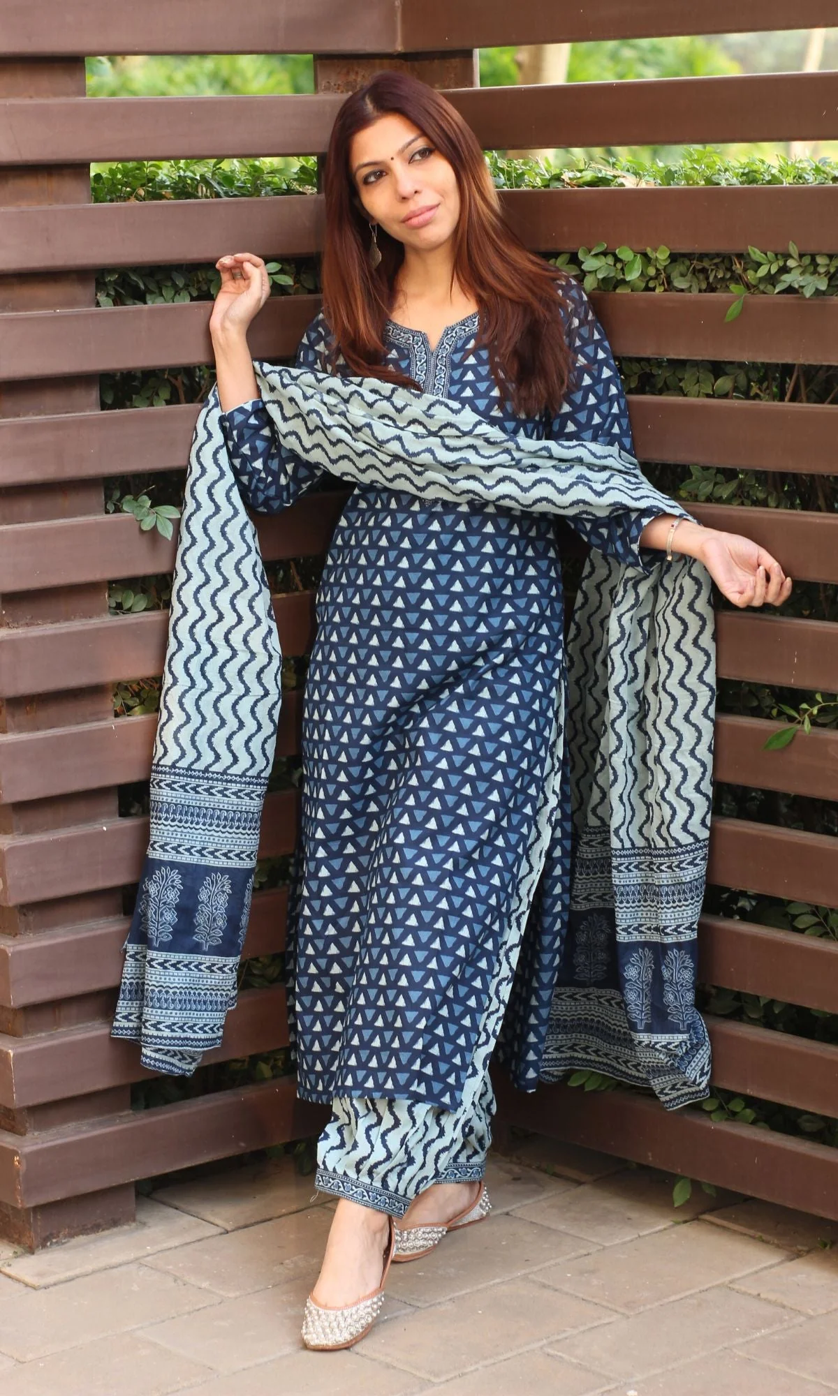 Cotton Block Print Indigo Suit Set with Cotton Dupatta - Image 6
