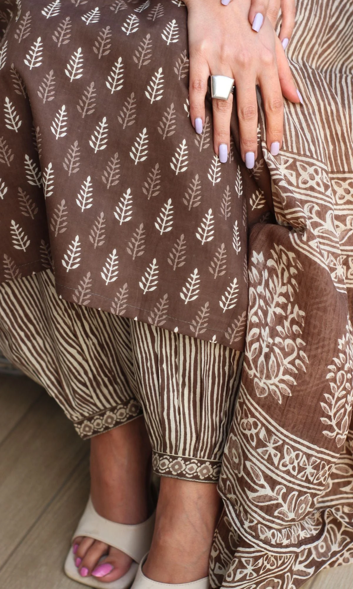 Cotton Block Print Brown Kurta and Afghani Pants with Mul Dupatta - Image 6
