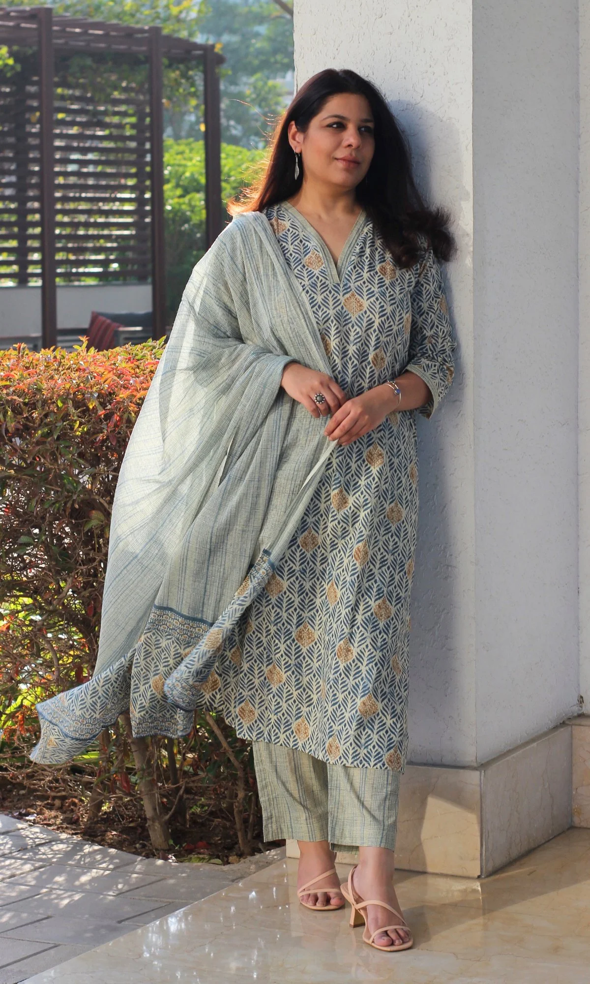 Cotton Block Print Light Blue Suit Set with Printed Cotton Dupatta - Image 4