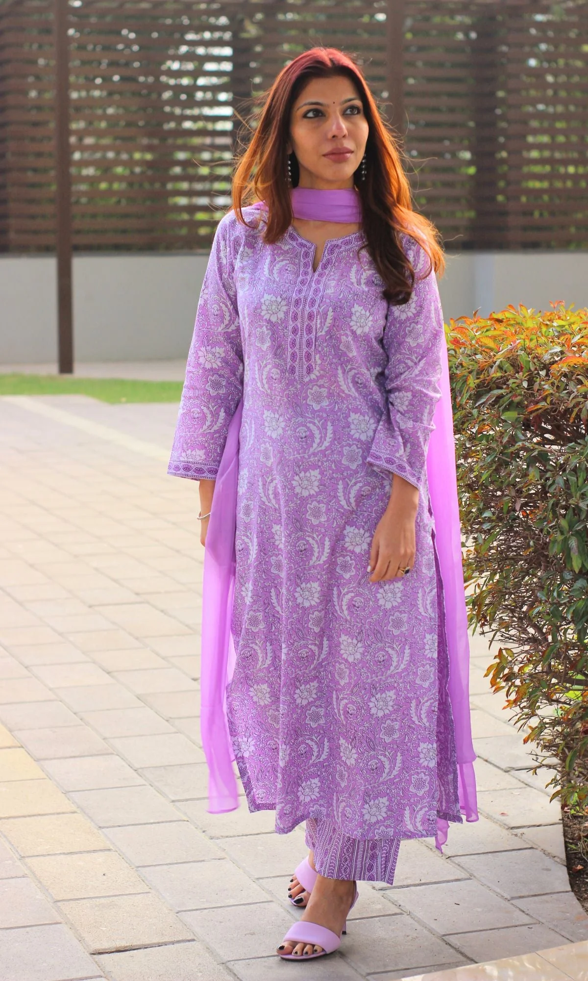 Cotton Block Print Lilac Suit Set with Chiffon Dupatta - Image 6