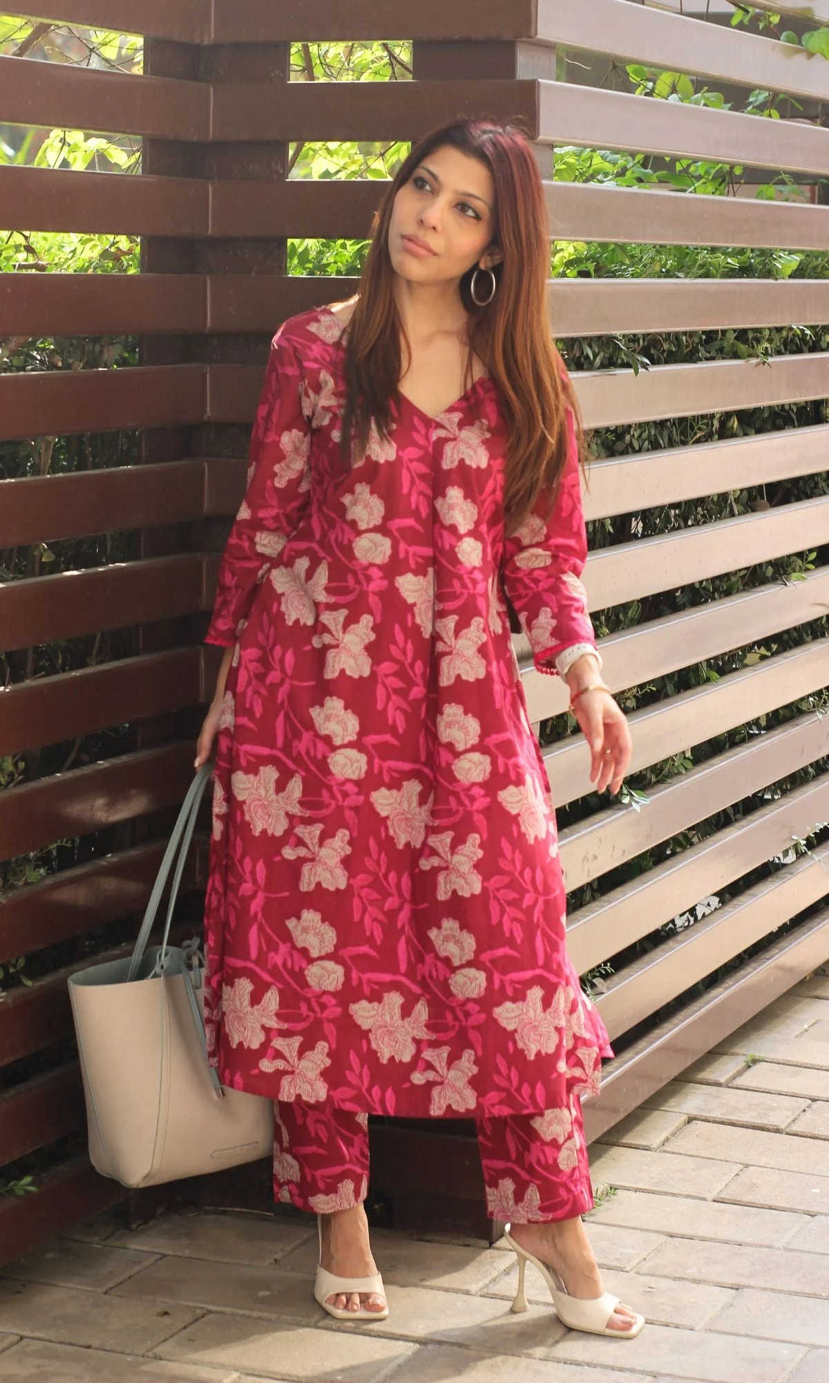 Cotton Block Print Magenta Pleated Kurta and Pants Set - Image 4
