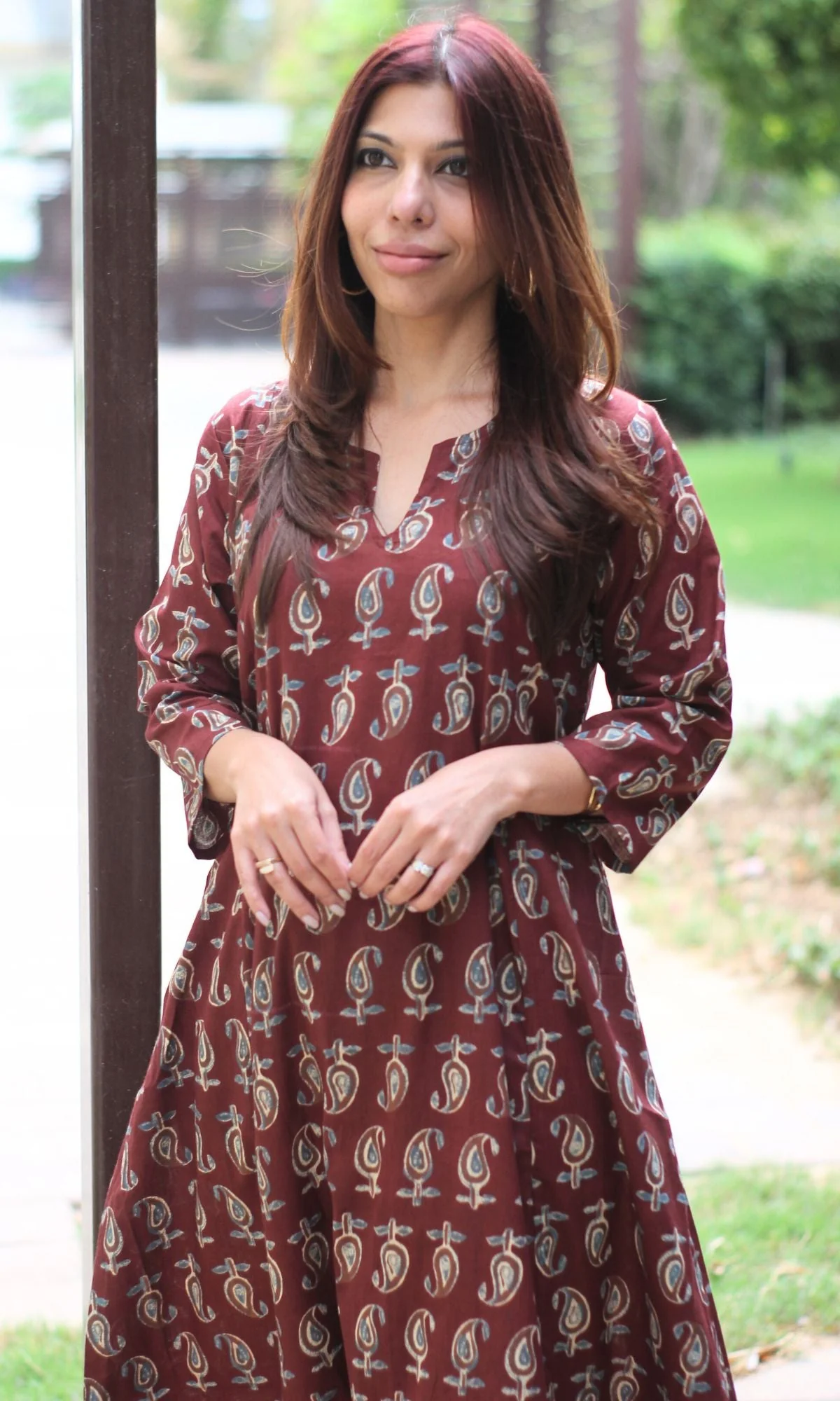 Cotton Block Print Maroon Kali Kurta - Image 2