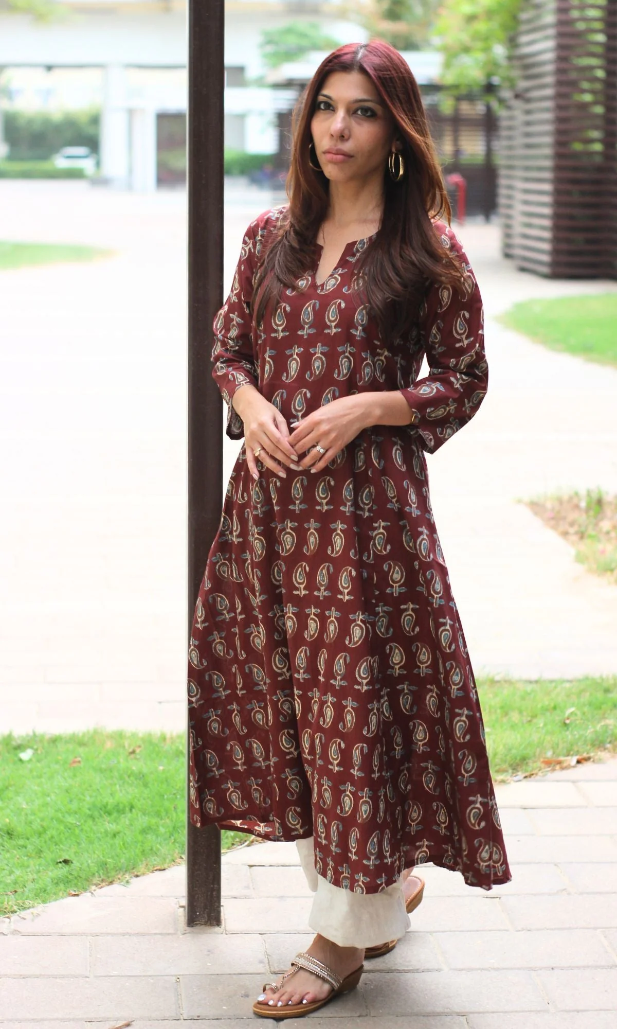 Cotton Block Print Maroon Kali Kurta - Image 4