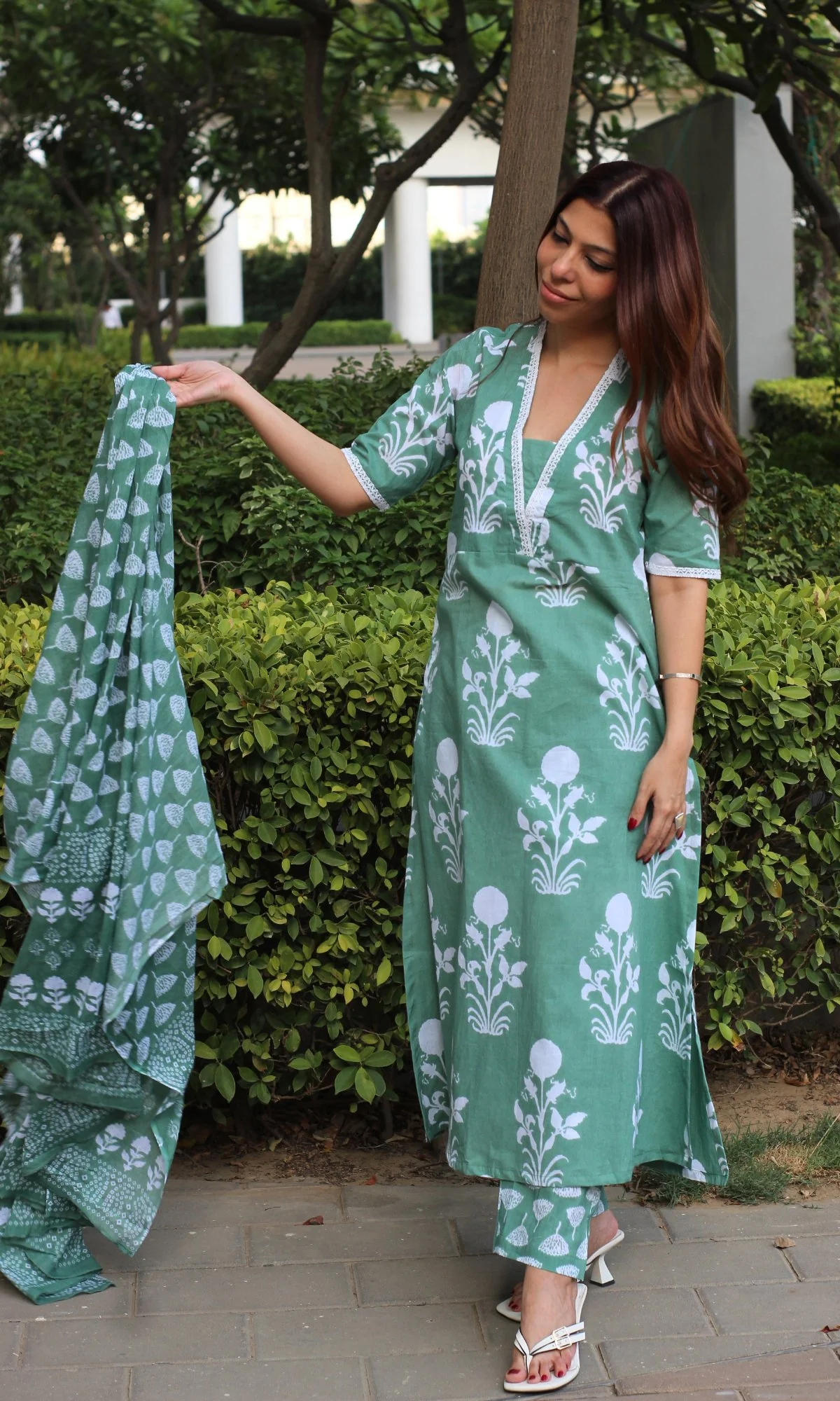 Cotton Block Print Pastel Green Suit Set with Lace Detailing and Cotton Dupatta - Image 5