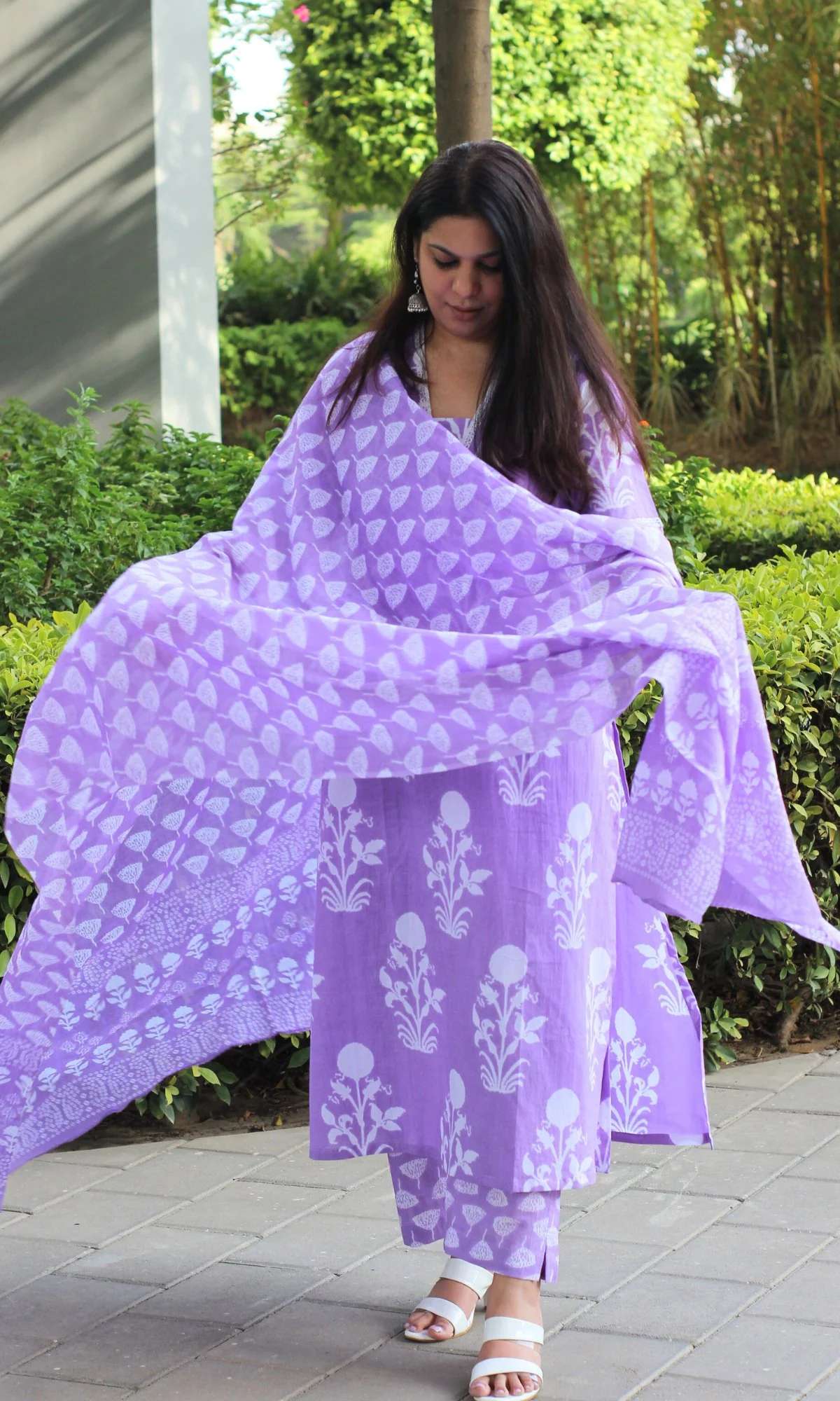 Cotton Block Print Lavender Suit Set with Lace Detailing and Cotton Dupatta - Image 4
