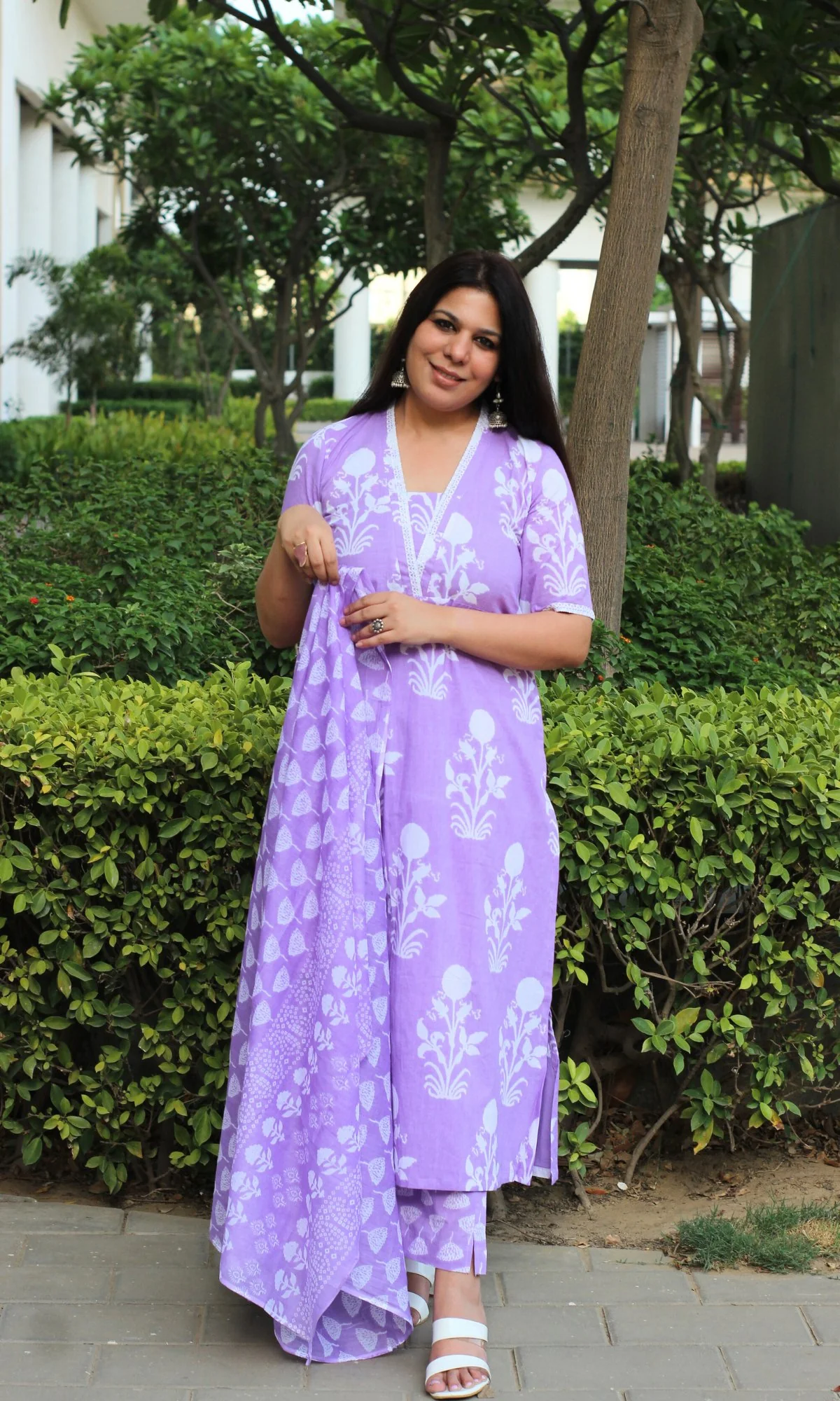 Cotton Block Print Lavender Suit Set with Lace Detailing and Cotton Dupatta - Image 5