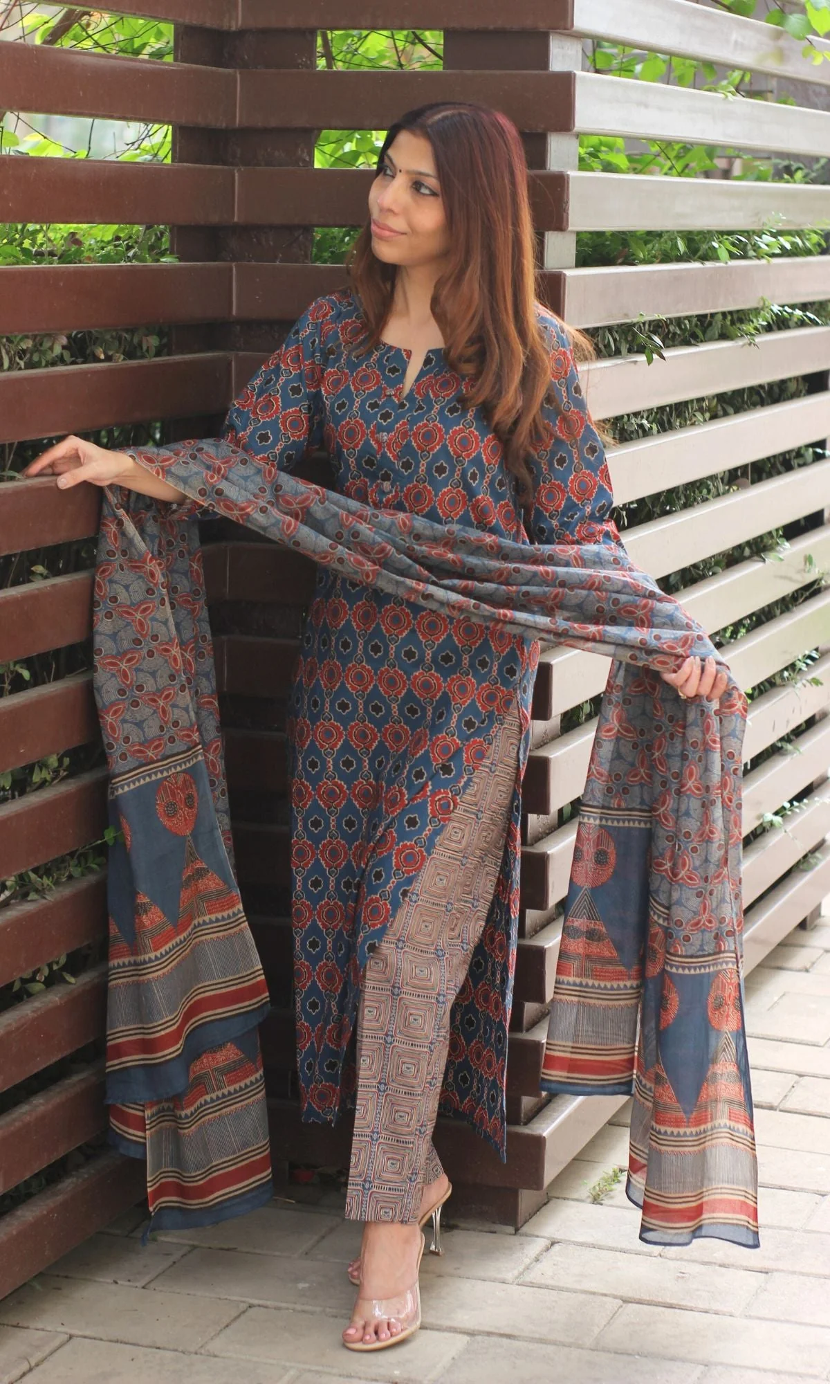 Cotton Block Print Royal Blue Suit Set with Cotton Printed Dupatta - Image 3