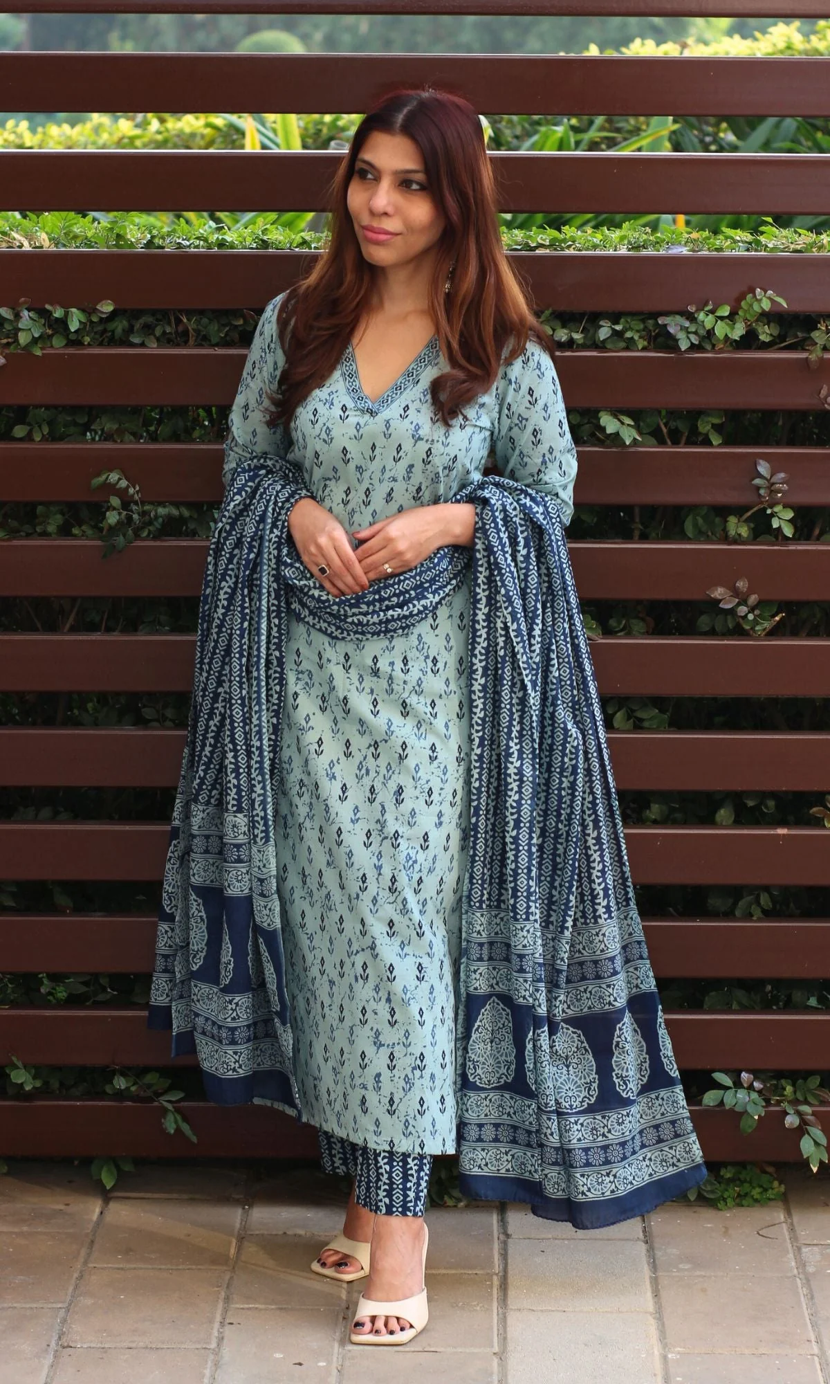 Cotton Block Print Sky Blue Suit Set with Printed Cotton Dupatta - Image 4