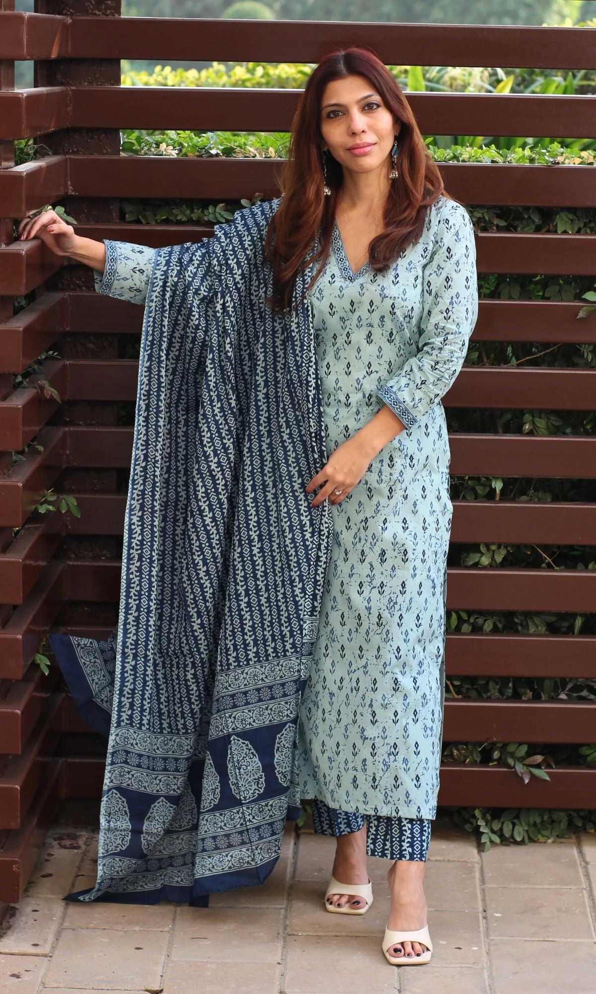 Cotton Block Print Sky Blue Suit Set with Printed Cotton Dupatta - Image 5
