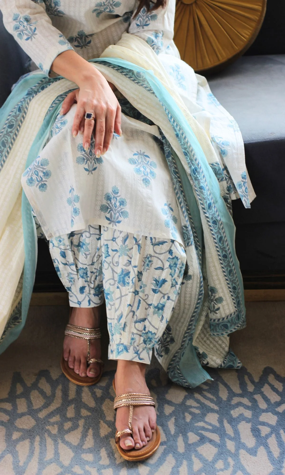 Cotton Textured Blue Mughal Print Suit Set with Printed Mul Dupatta - Image 6