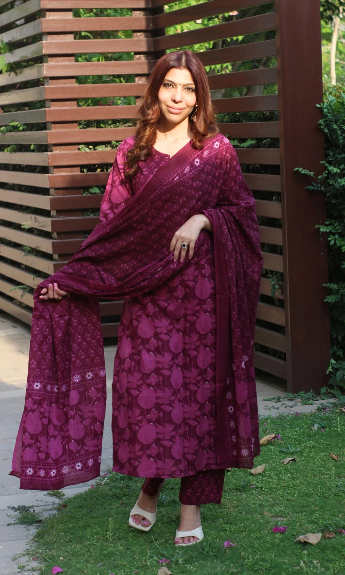Cotton Block Print Wine Suit Set with Printed Cotton Dupatta - Image 3