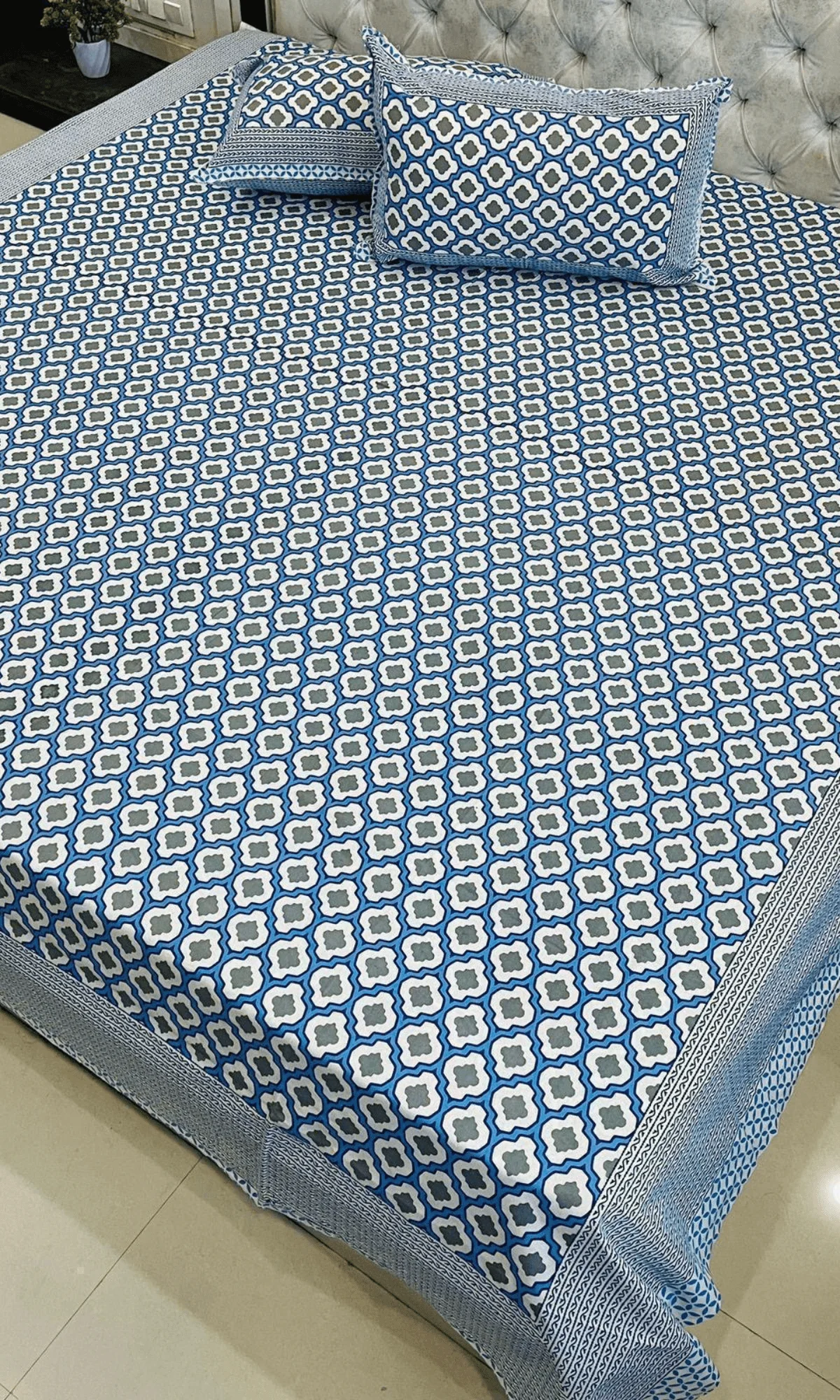 Cotton Block Printed  Blue Mosaic King Size Bedsheet with 2 Pillow Covers - Image 3