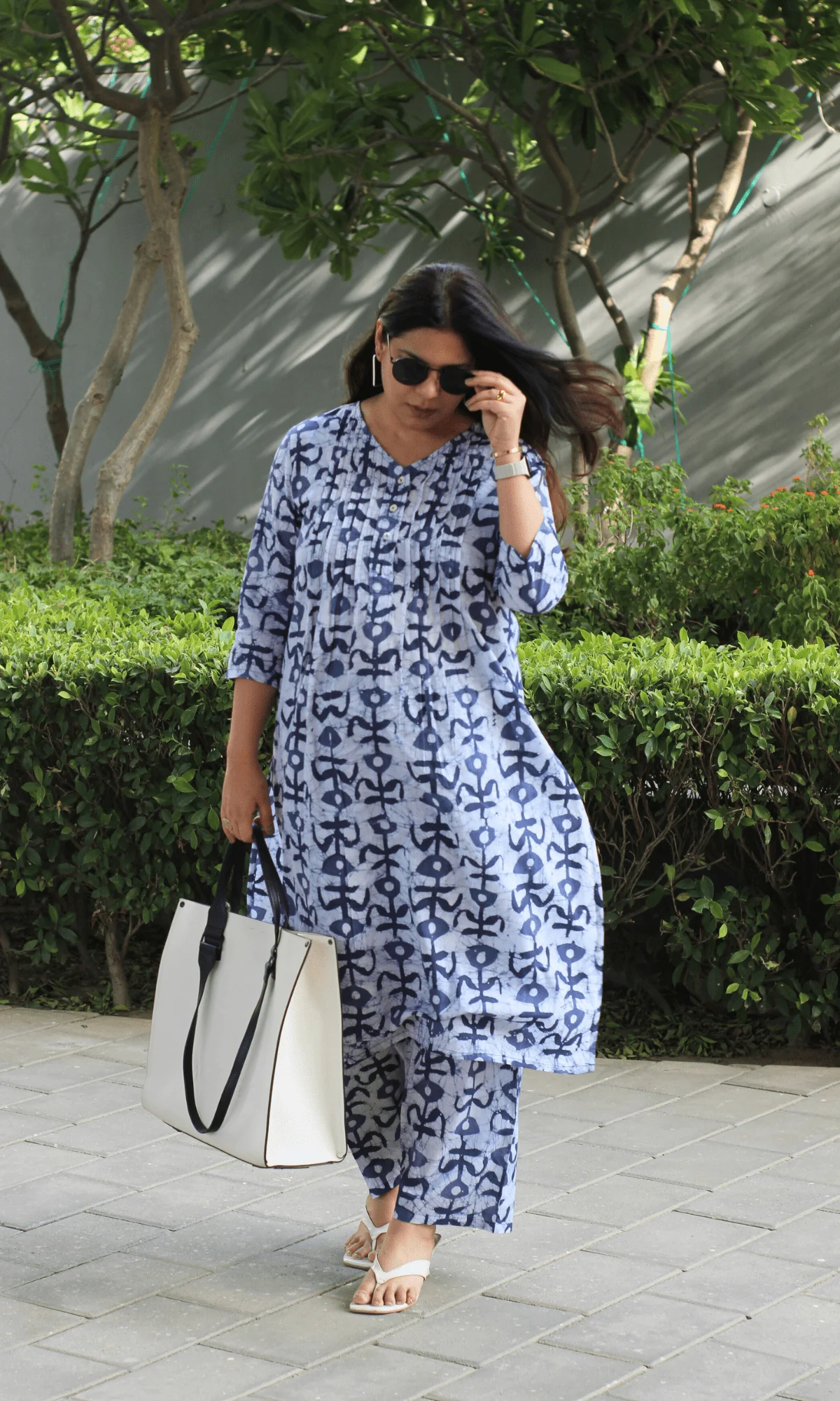 Cotton Blue Earthy Handblock Printed Pleated Kurta & Pant Co-ord - Image 3