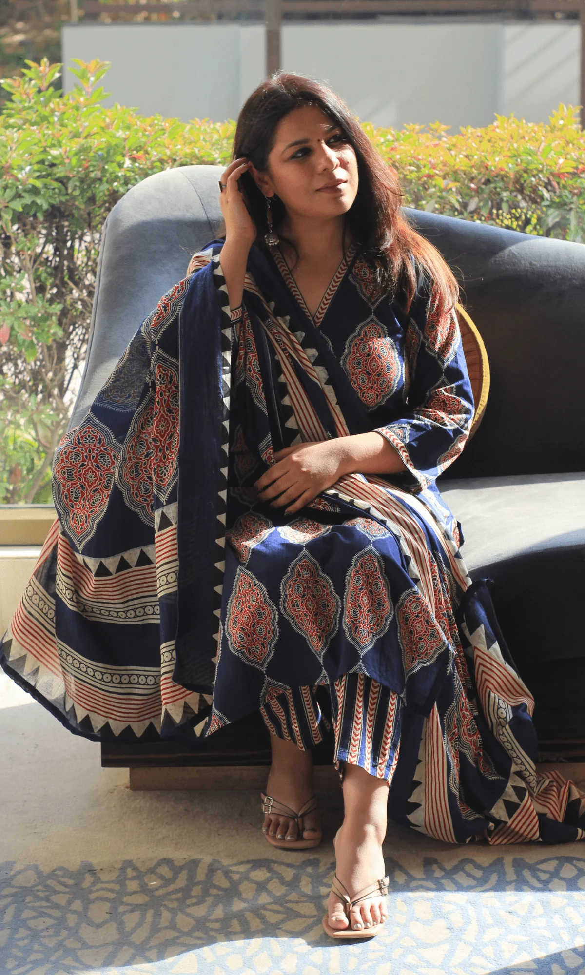 Cotton Blue Geometric Ajrakh Print Suit with Cotton Printed Dupatta