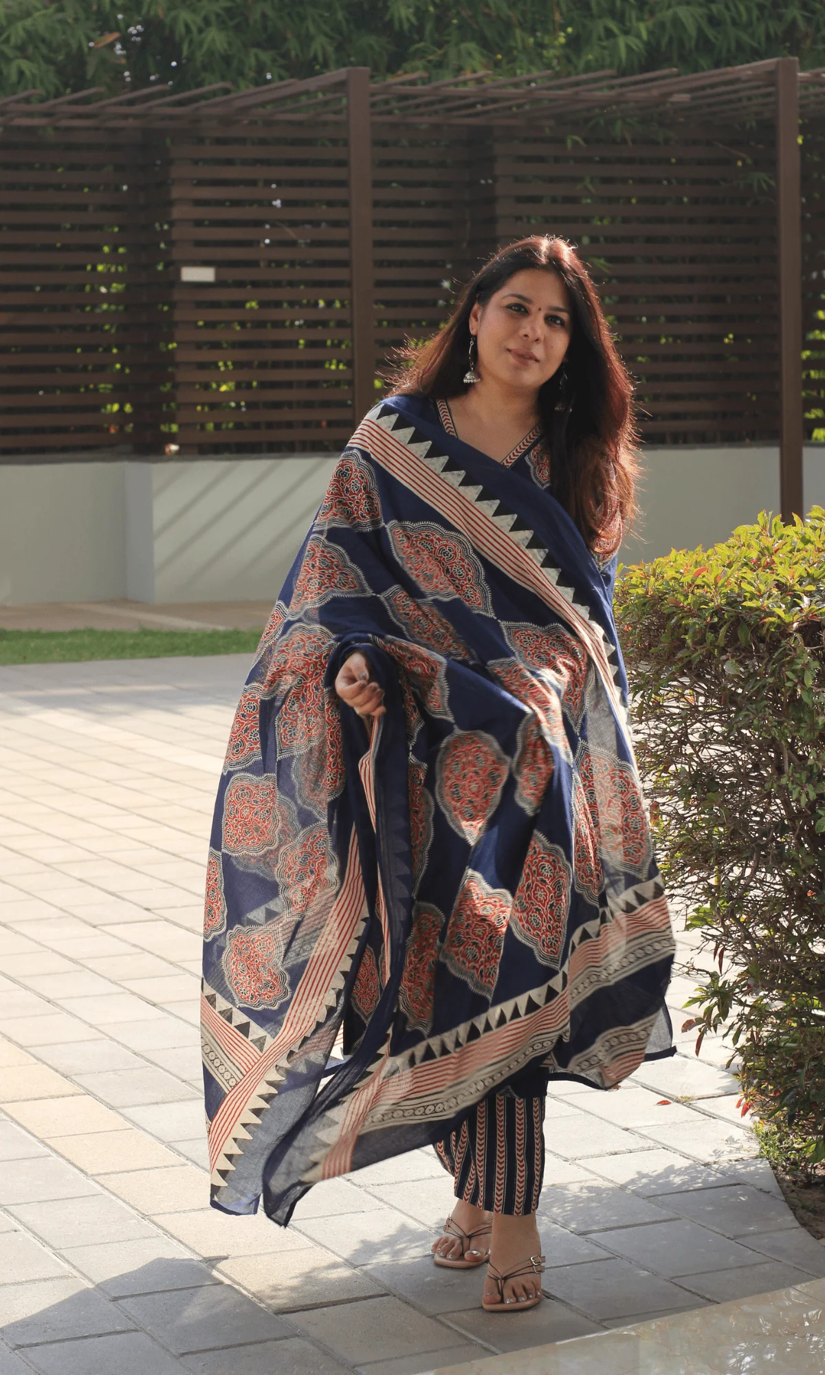 Cotton Blue Geometric Ajrakh Print Suit with Cotton Printed Dupatta - Image 3