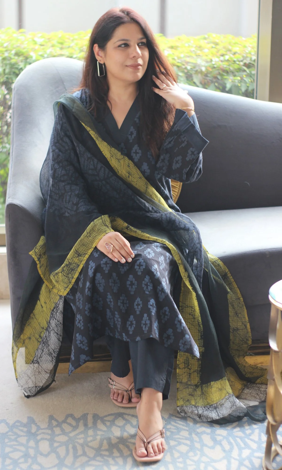 Cotton Midnight Blue Hand Printed Bell Sleeves Suit with Kota Doria Dupatta