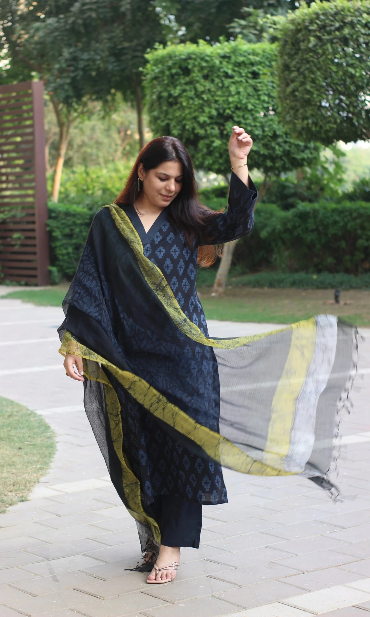 Cotton Midnight Blue Hand Printed Bell Sleeves Suit with Kota Doria Dupatta - Image 4