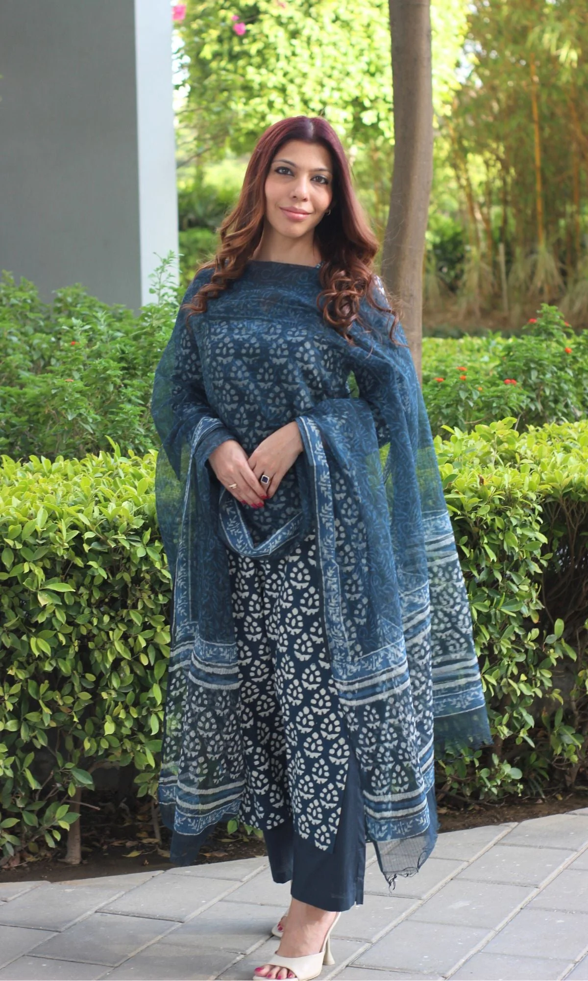 Cotton Handblock Print Dark Turquoise Suit Set with Kota Doria Dupatta - Image 2