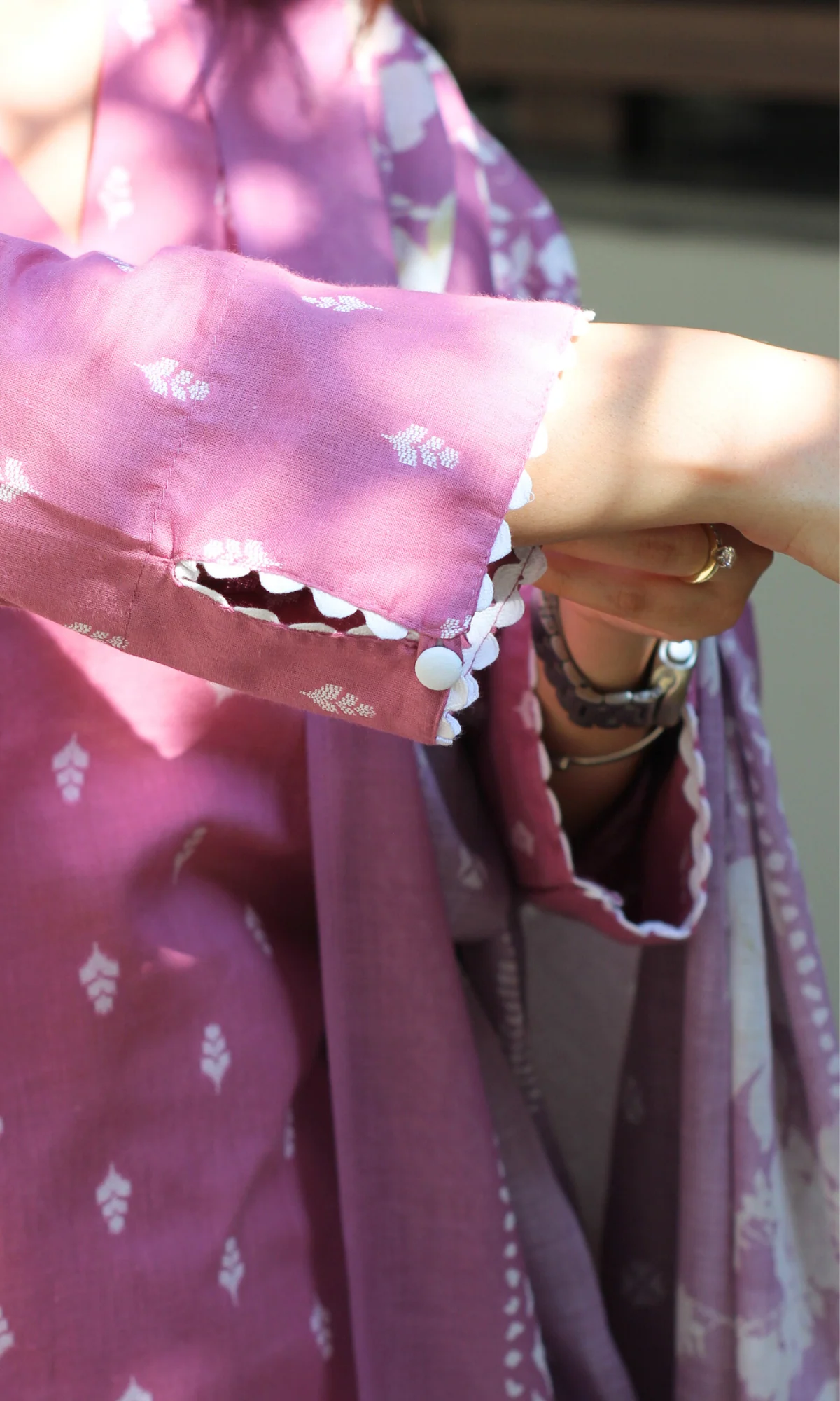 Cotton Blush Pink Dobby Kurta, Cotton Pants & Printed Dupatta - Image 2