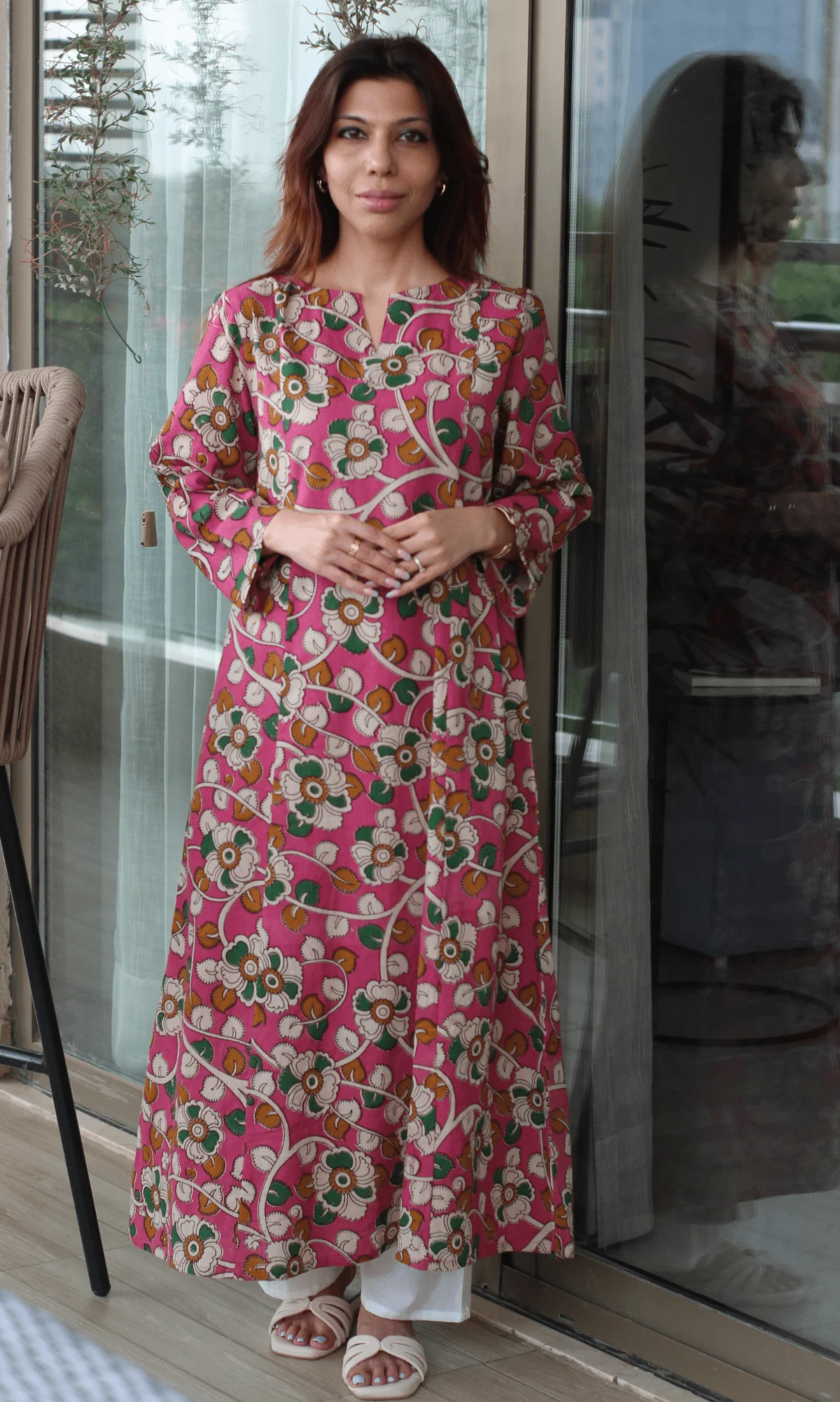 Cotton Bright Pink Floral Kalamkari Kali Kurta - Image 4