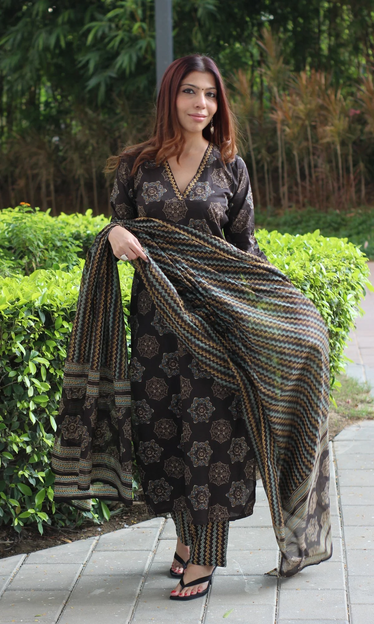 Cotton Brown Diamond Printed Suit Set with Cotton Printed Dupatta - Image 3