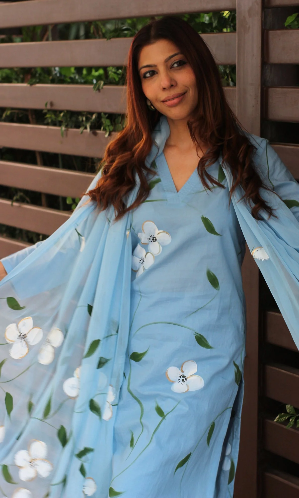 Cotton English Blue Handpainted Suit Set with Chiffon Handpainted Dupatta - Image 5
