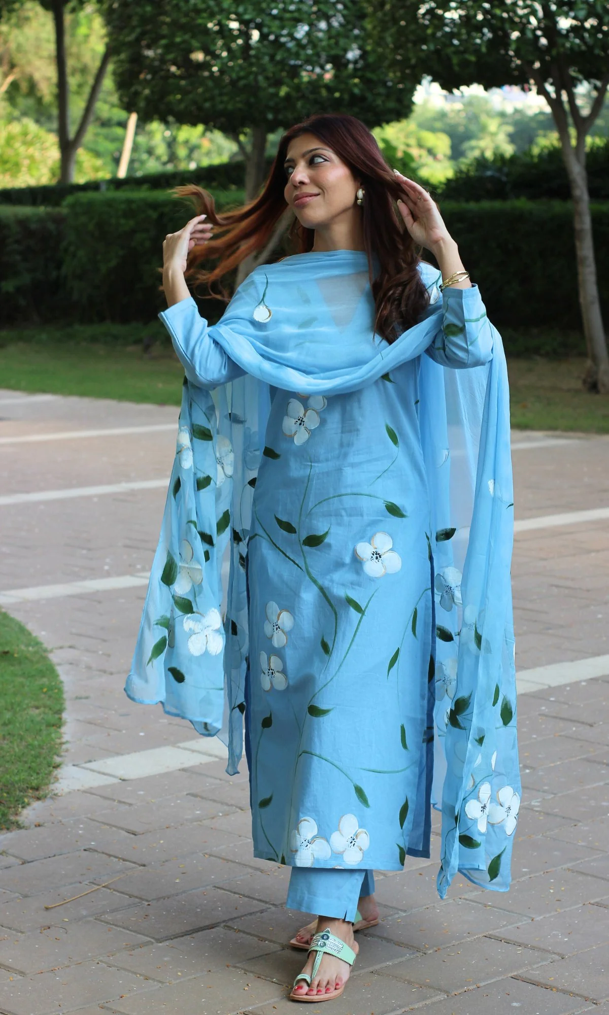 Cotton English Blue Handpainted Suit Set with Chiffon Handpainted Dupatta - Image 6