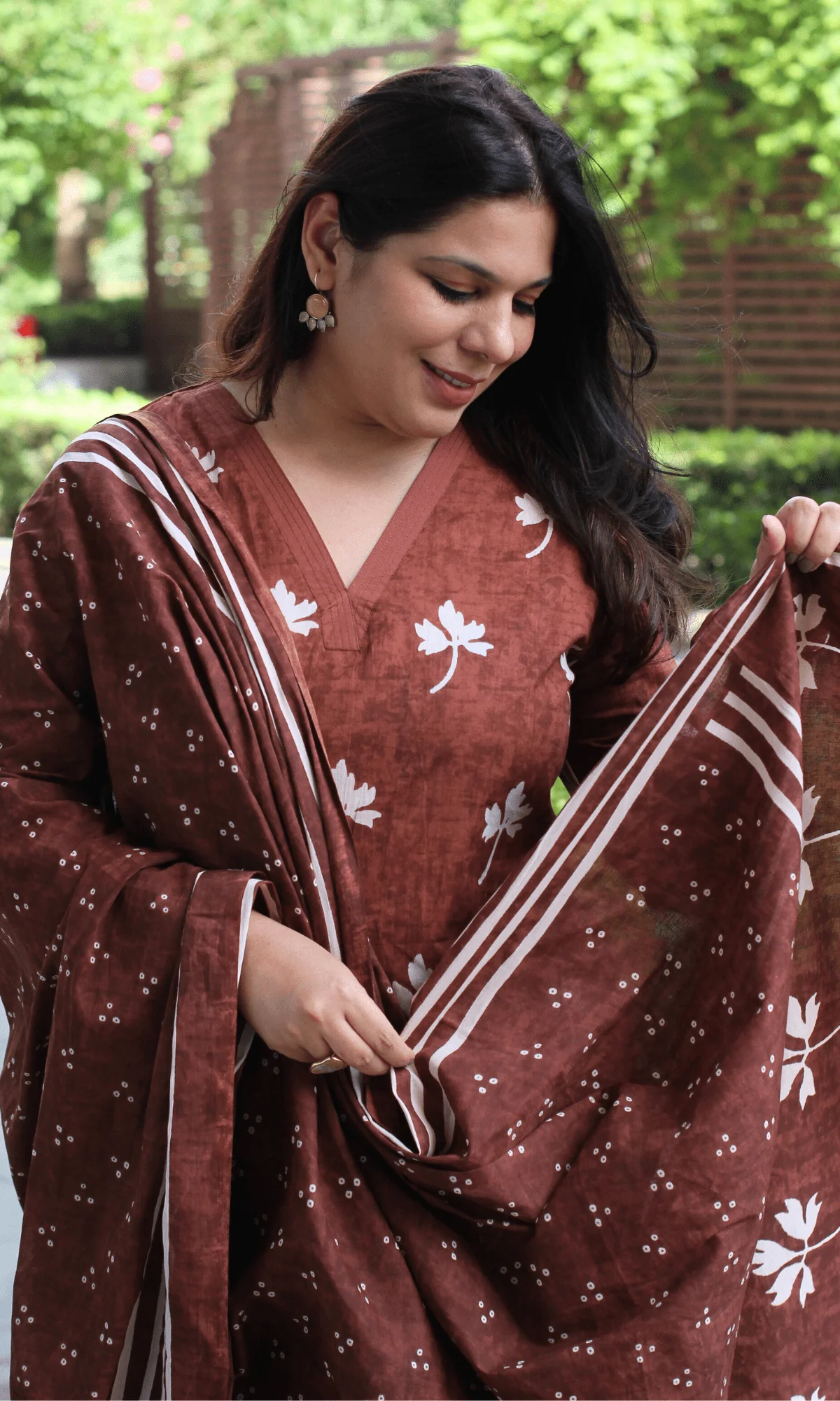 Cotton Brown Maple leaf Print Suit with Cotton Printed Dupatta - Image 5