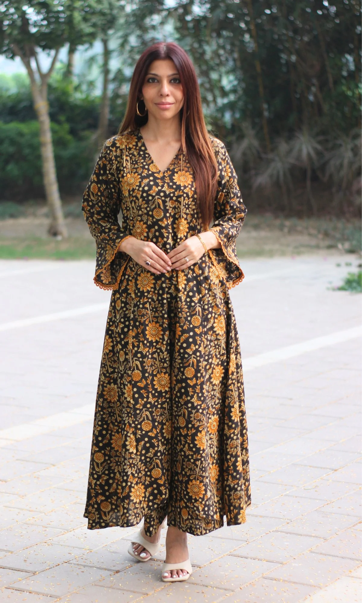 Cotton Brown & Mustard Handblock Kalamkari High Low Kurta & Palazzo - Image 2