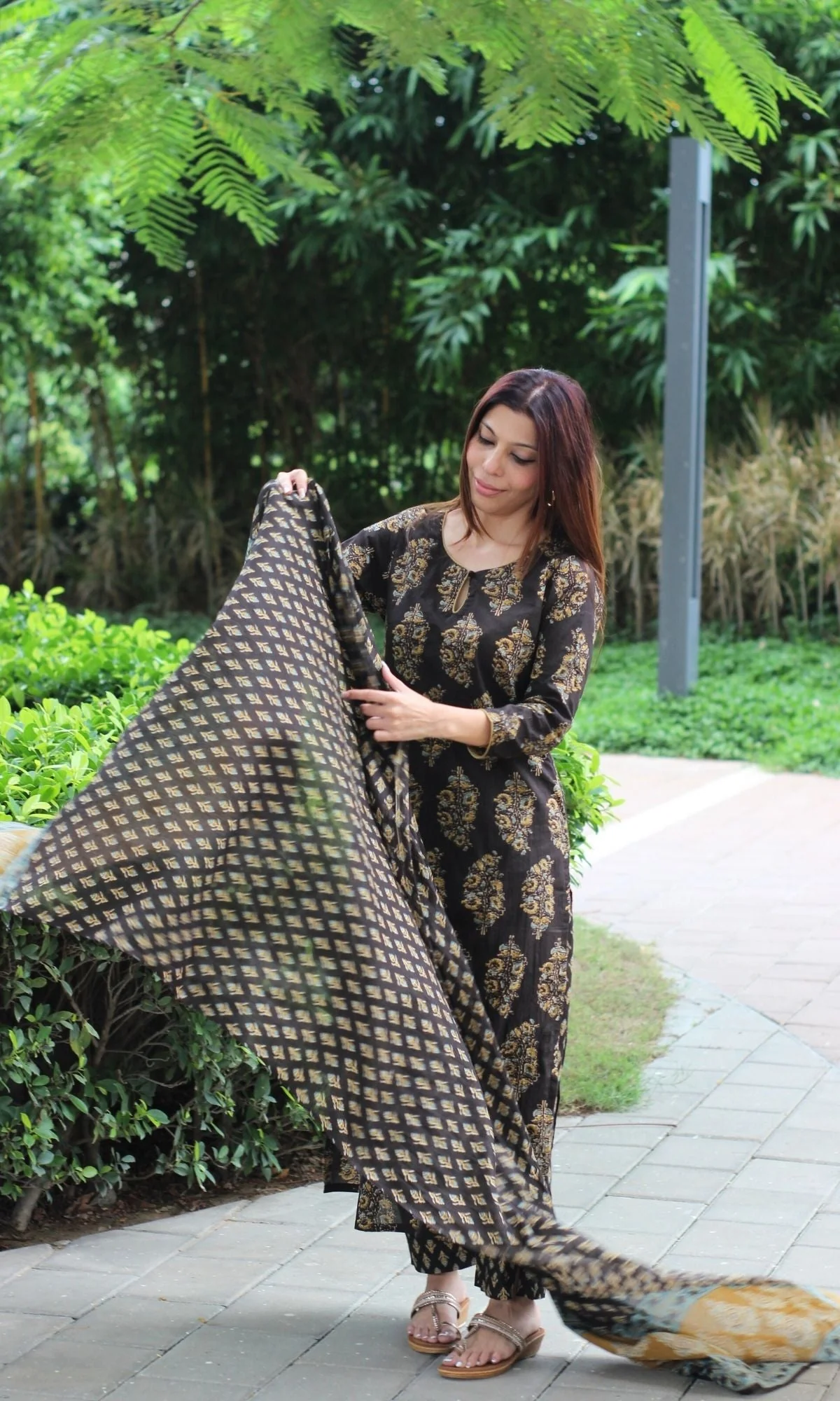 Cotton Brown & Mustard Mughal Suit Set and Printed Dupatta - Image 2