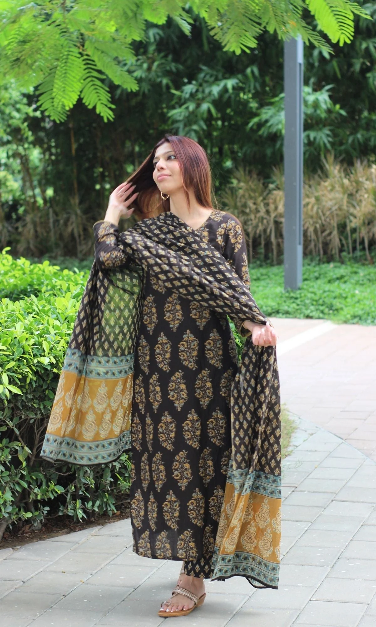 Cotton Brown & Mustard Mughal Suit Set and Printed Dupatta - Image 3
