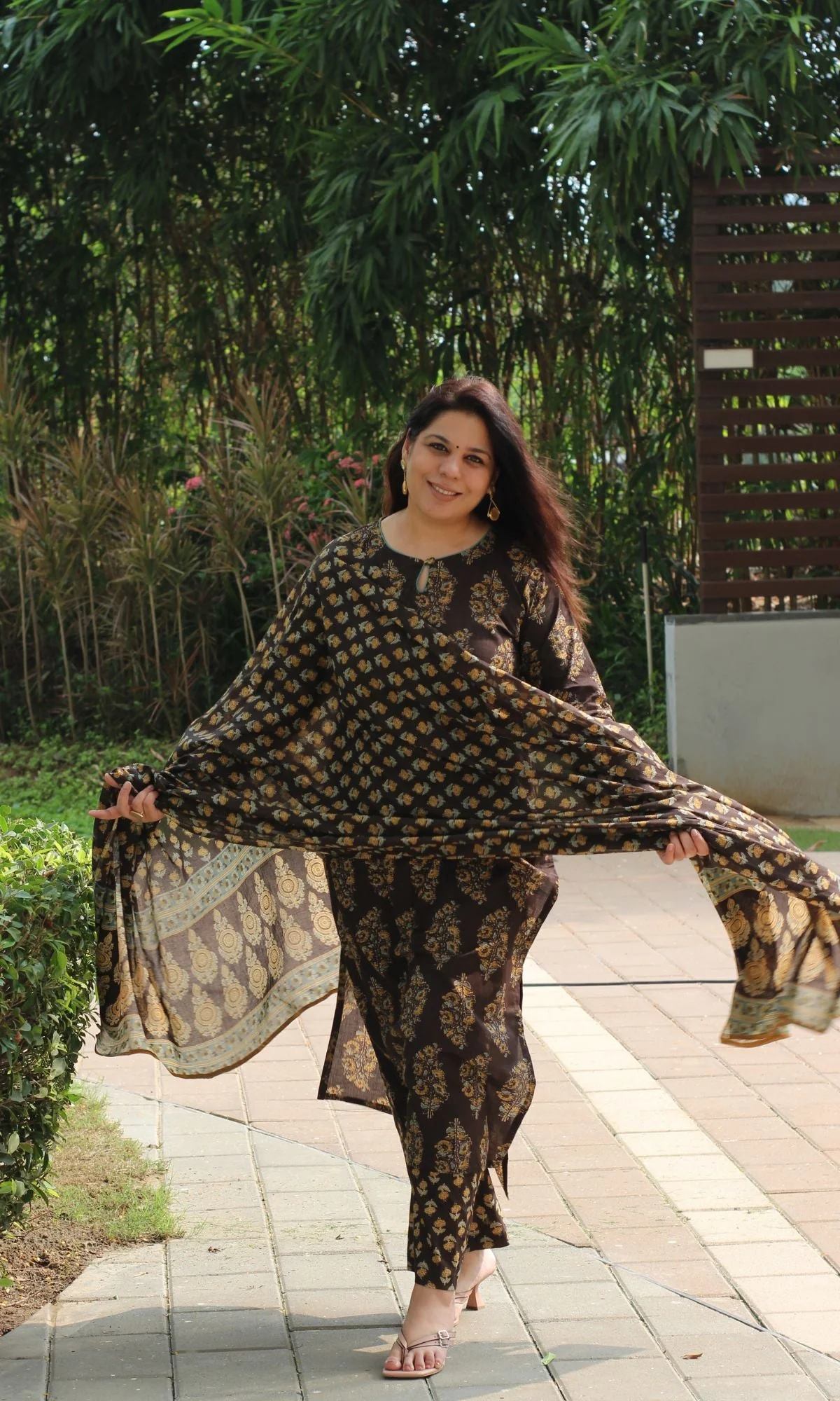 Cotton Brown & Mustard Mughal Suit Set and Printed Dupatta - Image 4