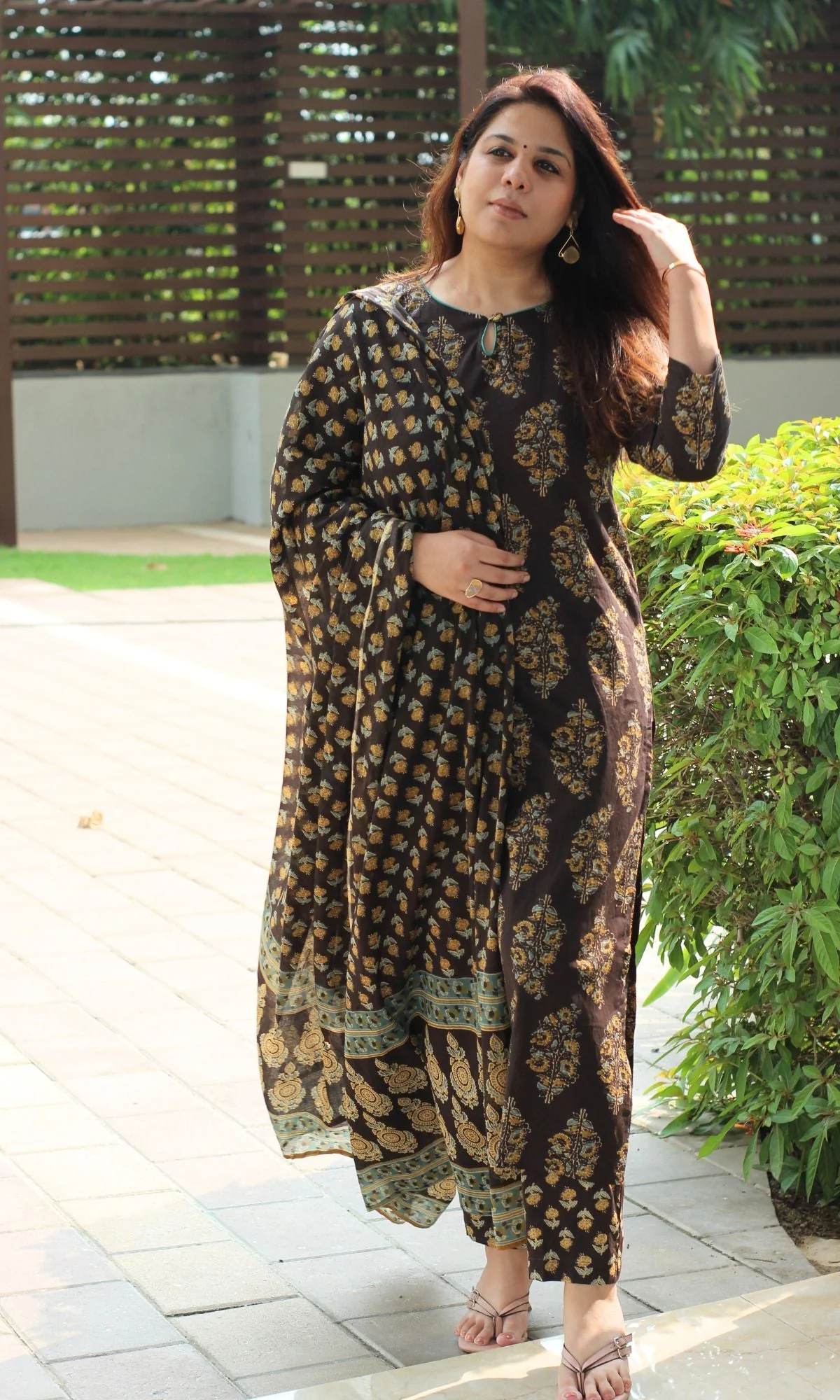 Cotton Brown & Mustard Mughal Suit Set and Printed Dupatta - Image 5