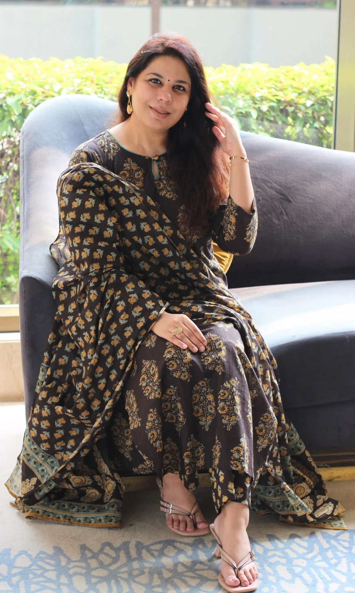 Cotton Brown & Mustard Mughal Suit Set and Printed Dupatta - Image 6