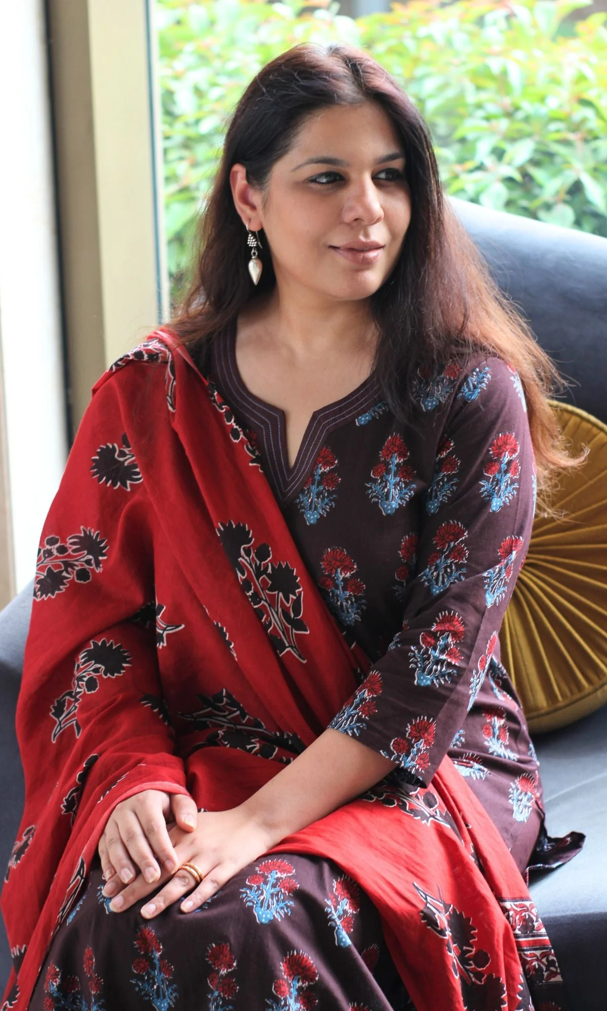 Cotton Brown & Red Boota Print Suit Set with Cotton Printed Dupatta - Image 3